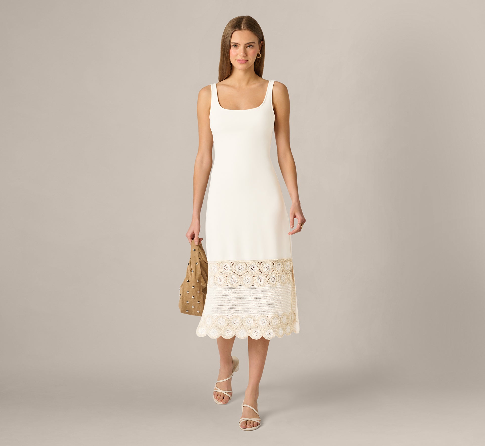 Crochet Trimmed Sheath Midi Dress With Tank Straps In Ivory