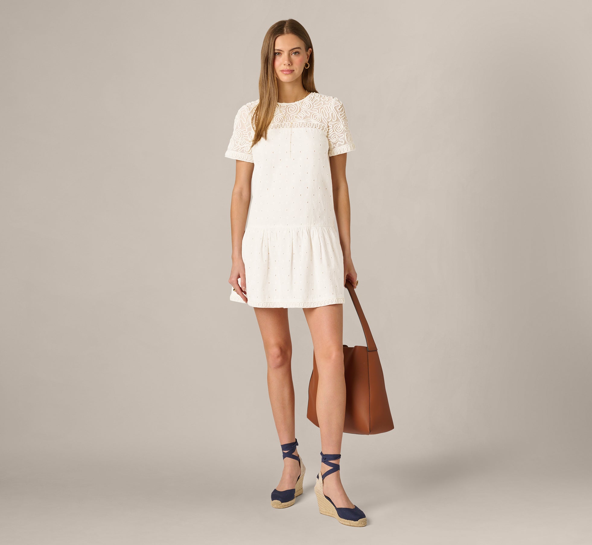 Short Sleeve Drop Waist Cotton Eyelet Shift Dress In Ivory