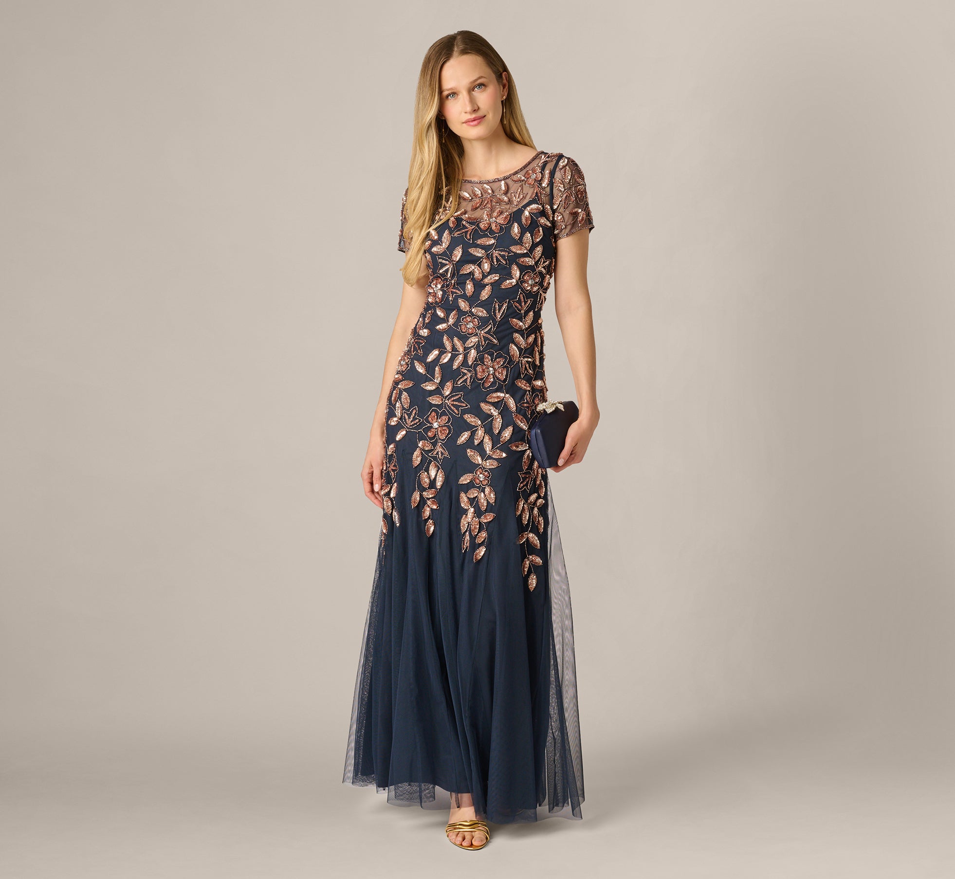 Hand Beaded Short Sleeve Floral Godet Gown In Navy Rosegold