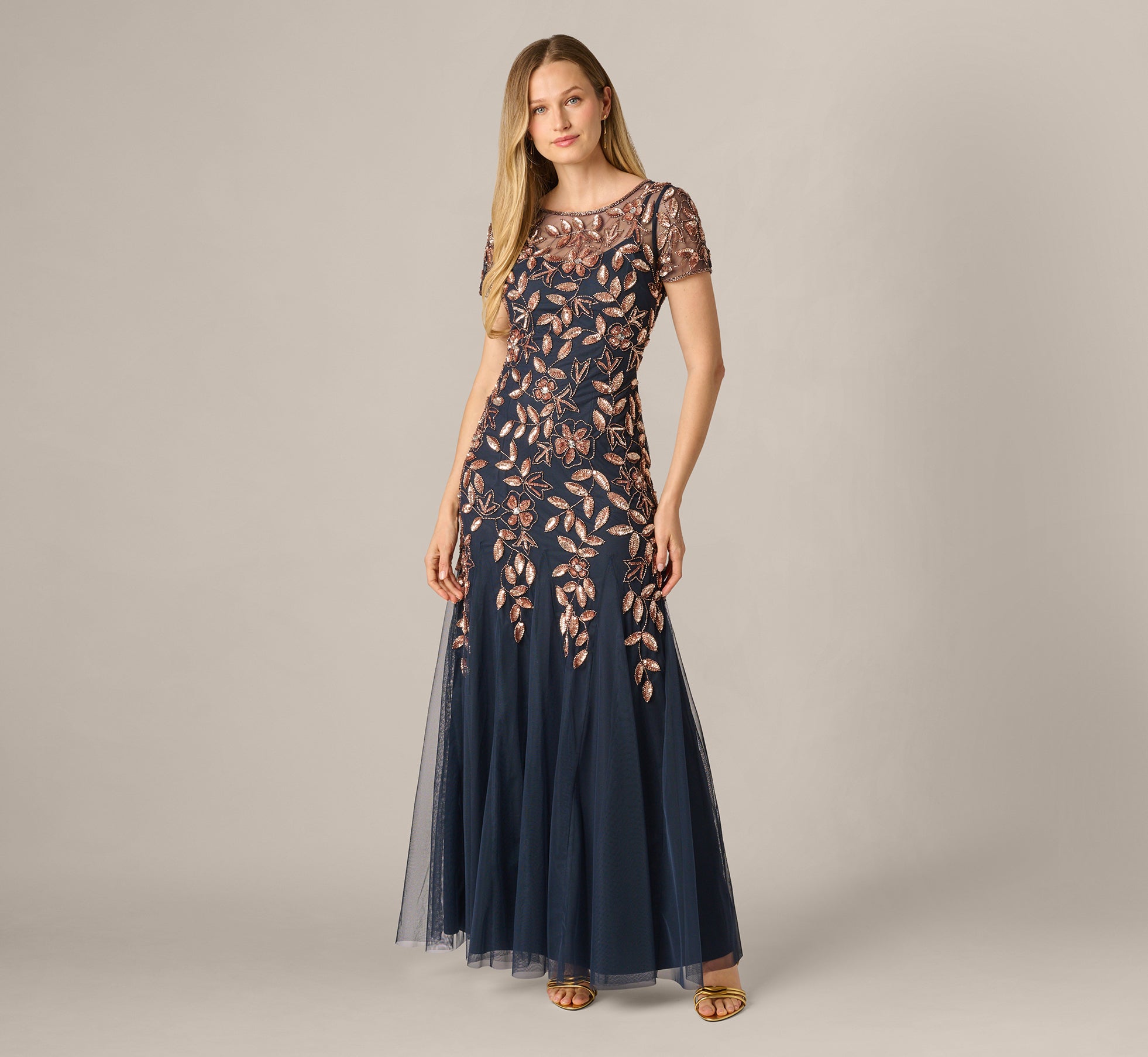 Hand Beaded Short Sleeve Floral Godet Gown In Navy Rosegold
