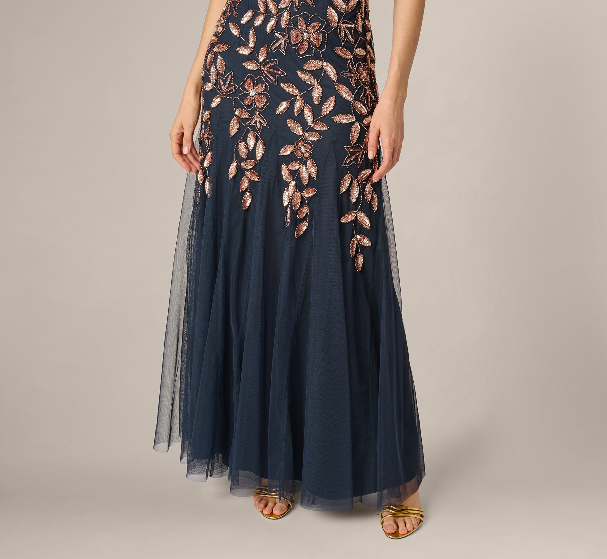 Hand Beaded Short Sleeve Floral Godet Gown In Navy Rosegold