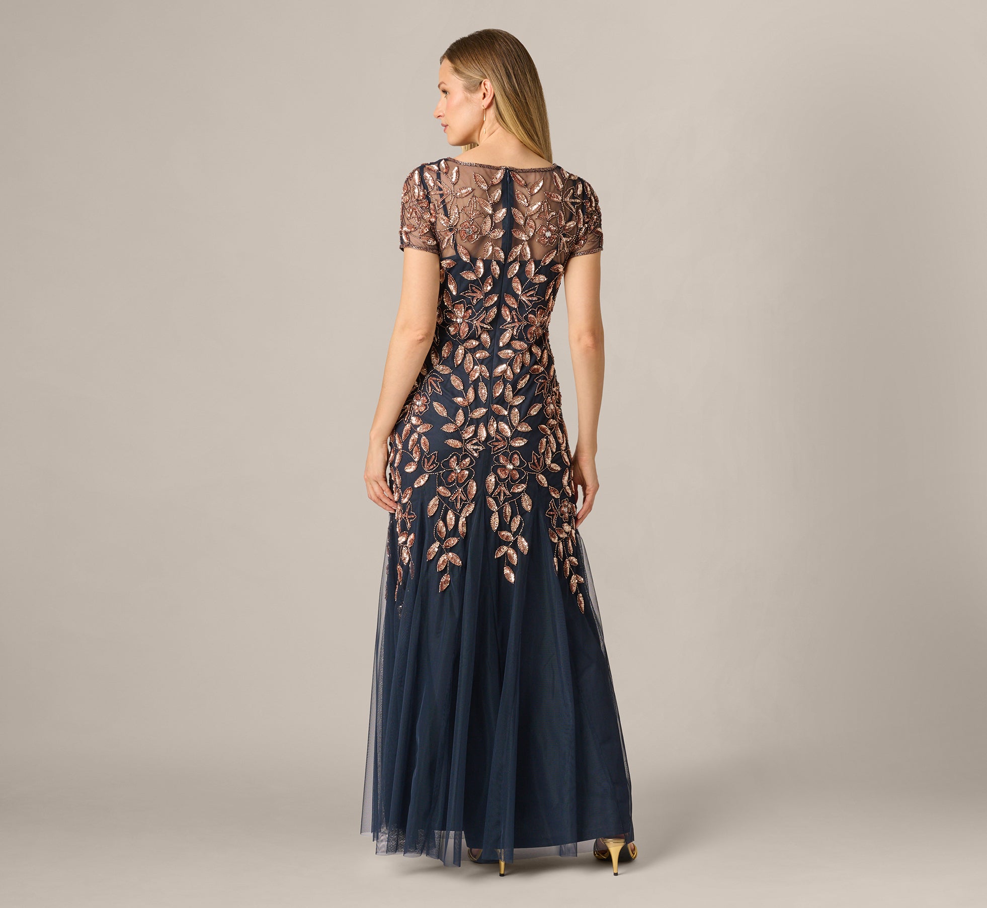 Hand Beaded Short Sleeve Floral Godet Gown In Navy Rosegold