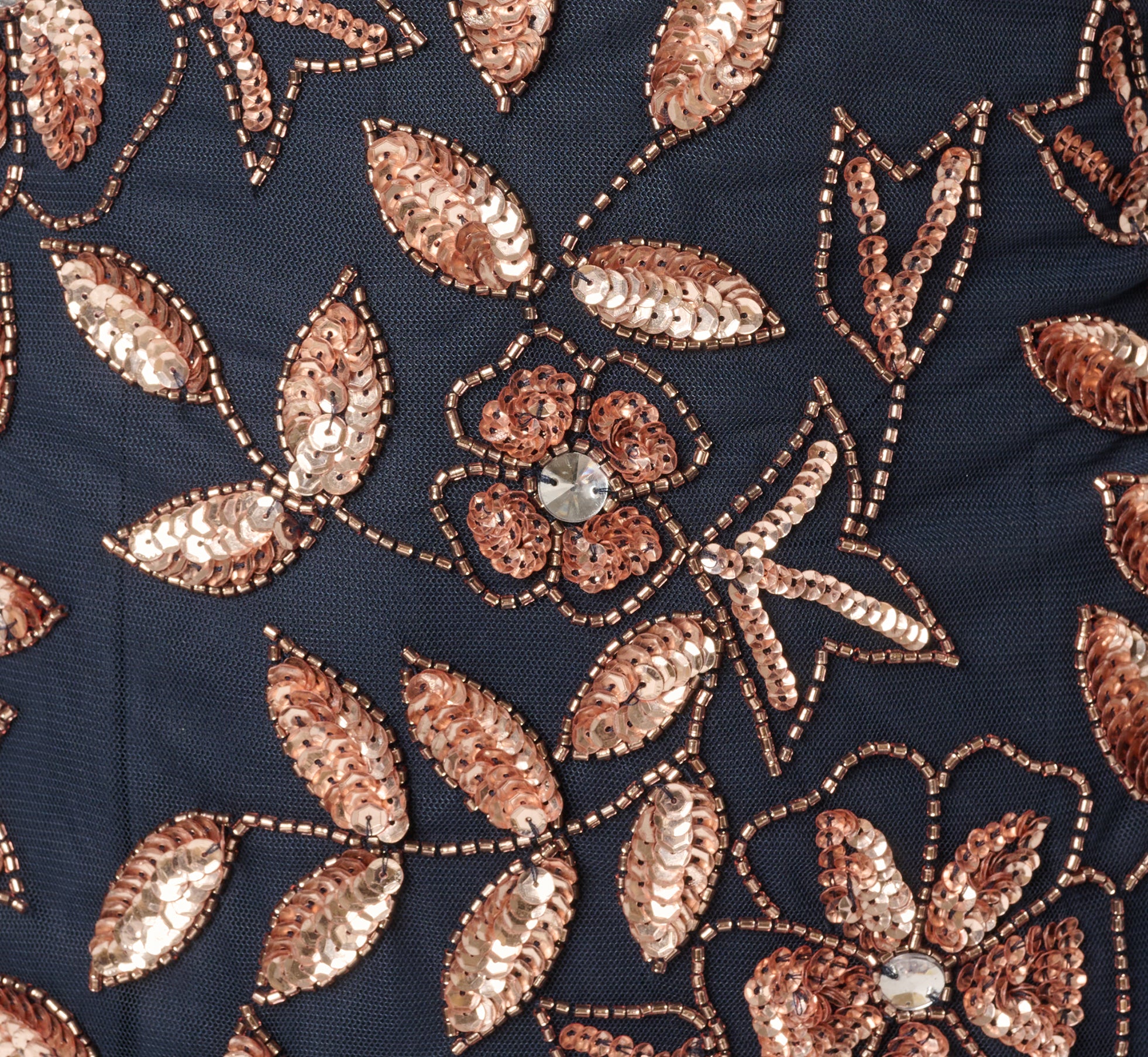 Hand Beaded Short Sleeve Floral Godet Gown In Navy Rosegold