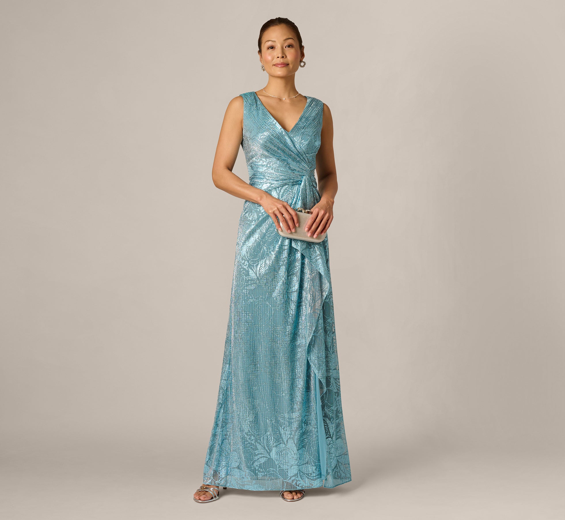 Crinkle Metallic Floral Draped Gown In Blue