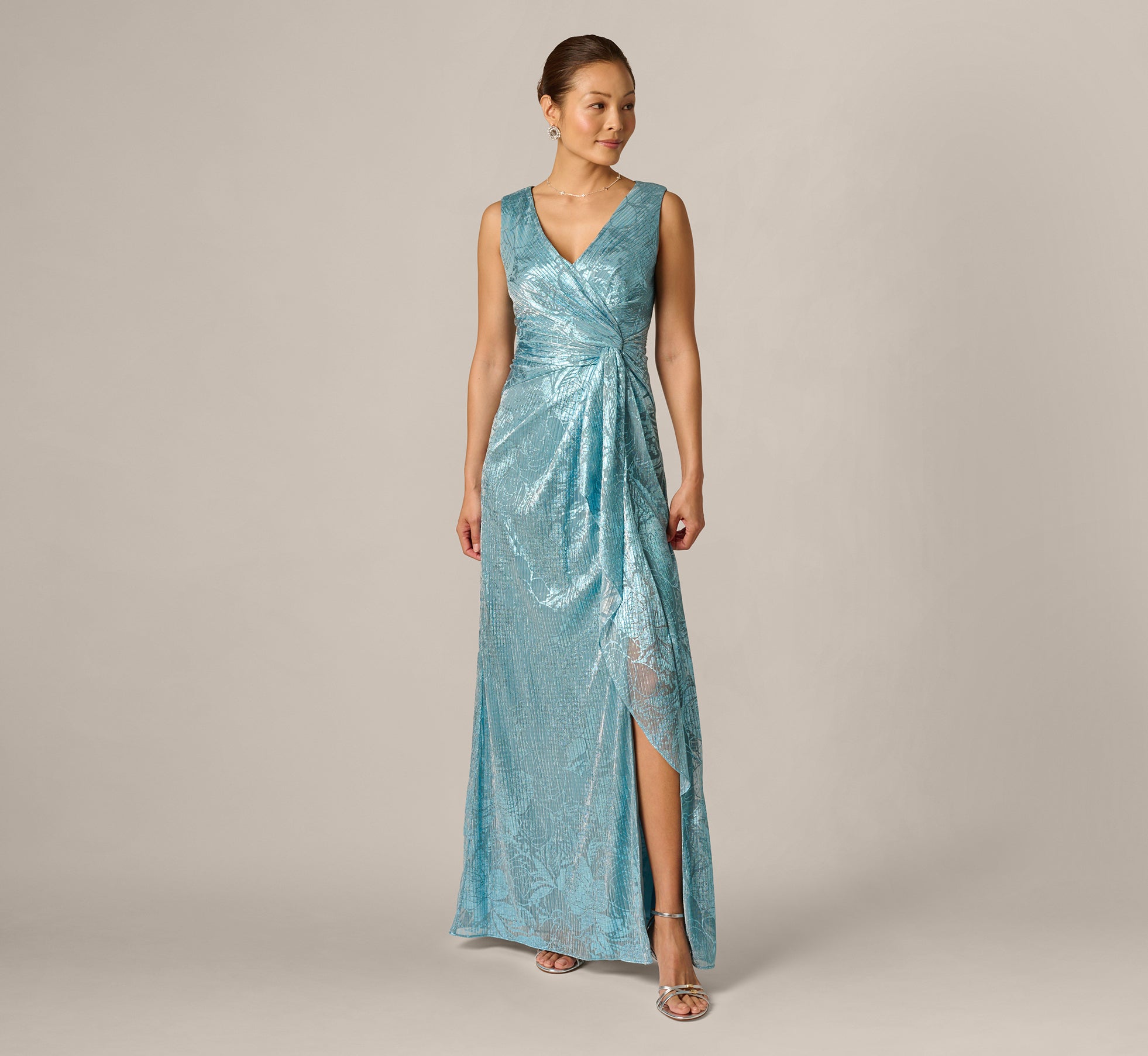 Crinkle Metallic Floral Draped Gown In Blue