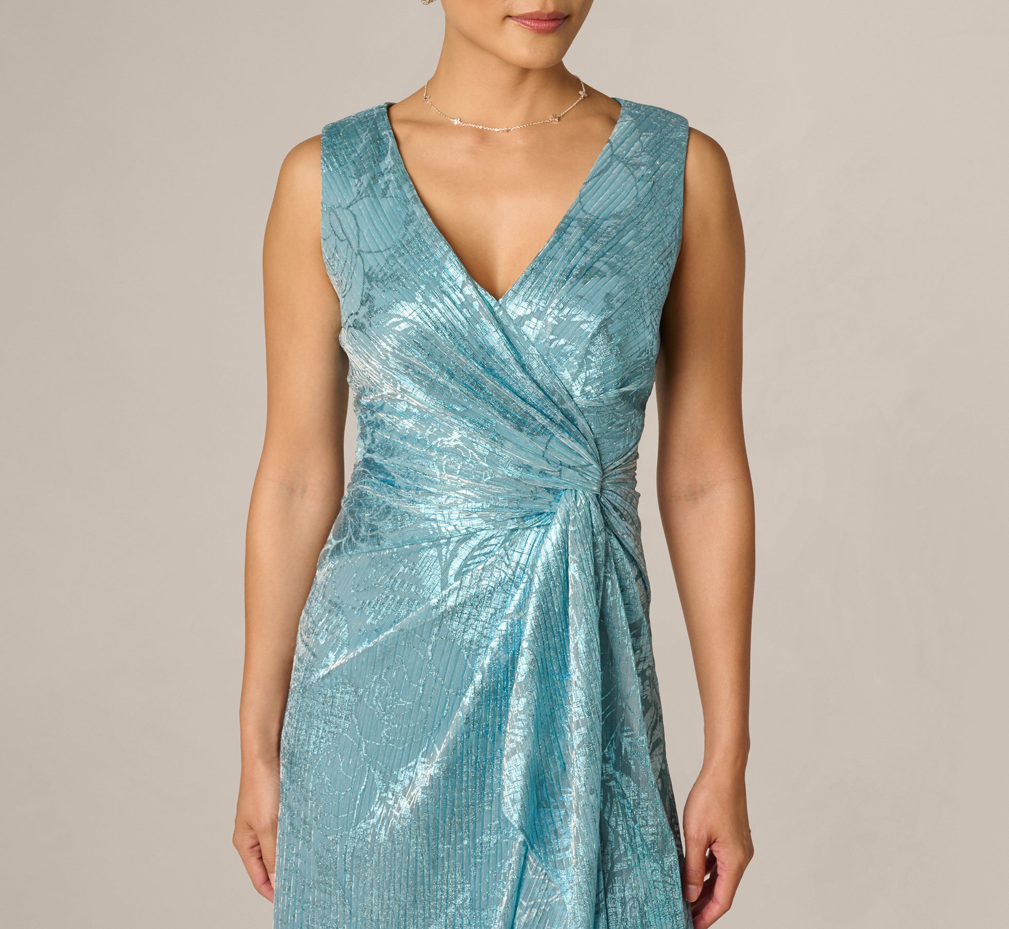 Crinkle Metallic Floral Draped Gown In Blue