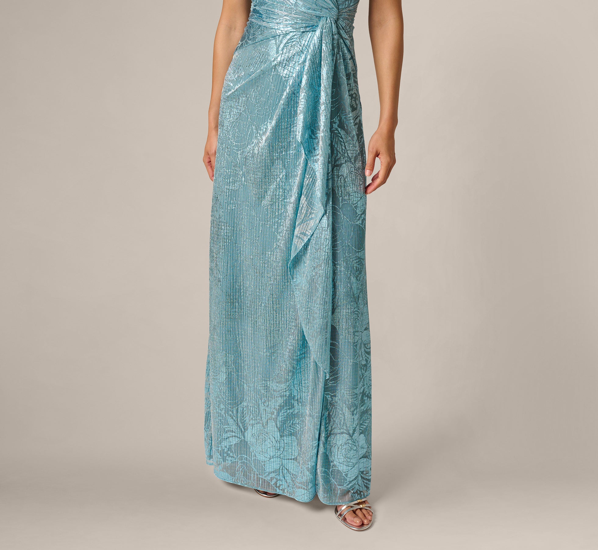 Crinkle Metallic Floral Draped Gown In Blue