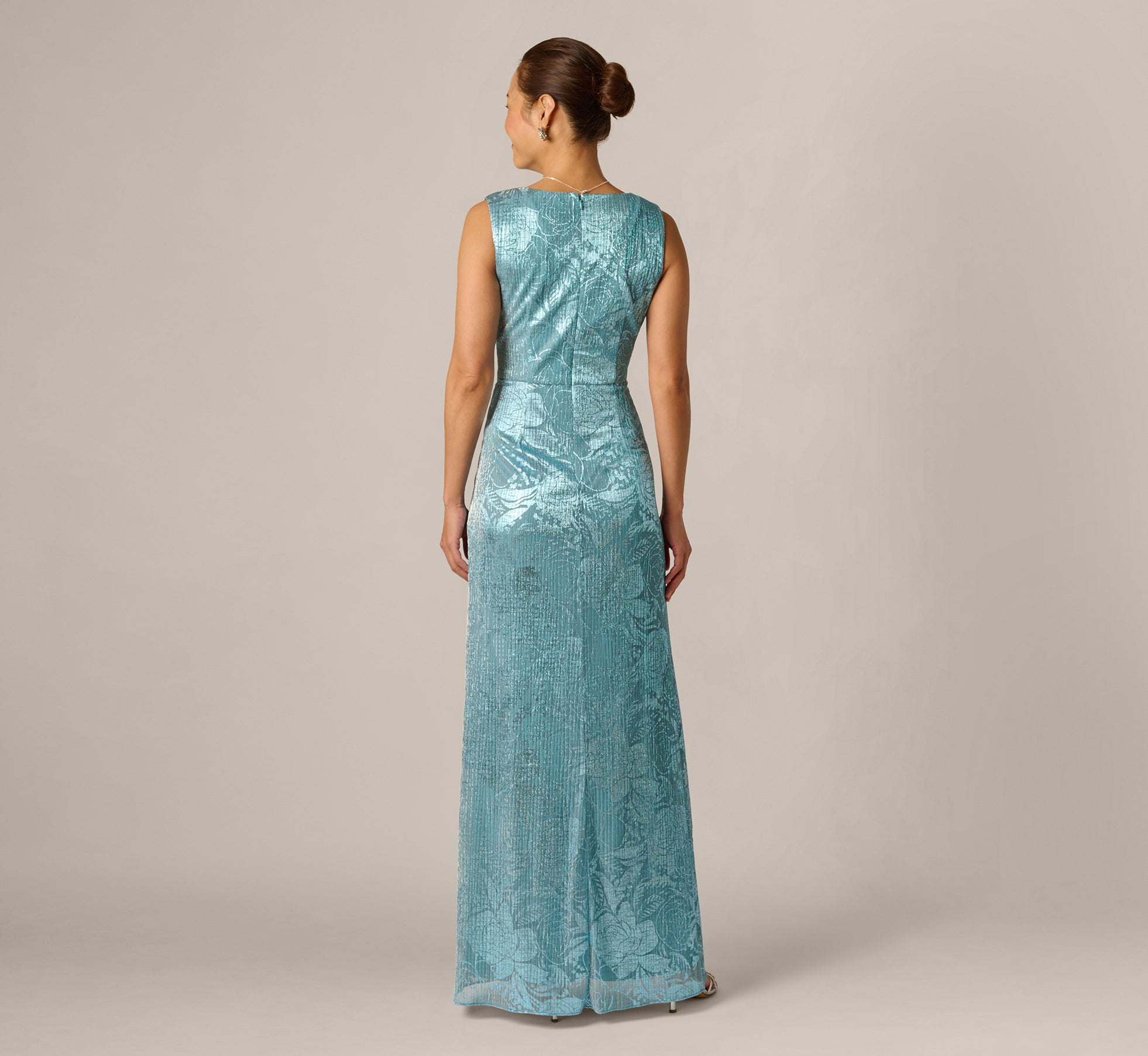 Crinkle Metallic Floral Draped Gown In Blue