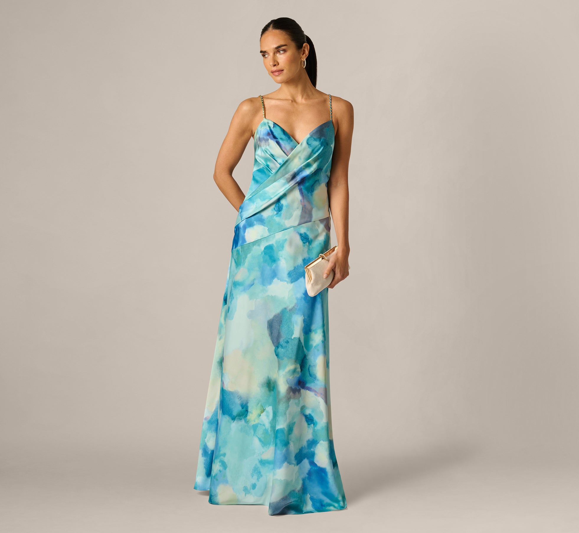 Draped Sateen Watercolor Gown In Blue Multi