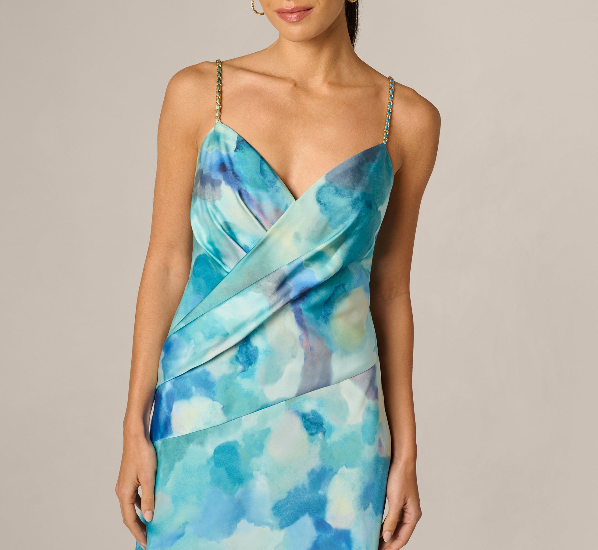 Draped Sateen Watercolor Gown In Blue Multi