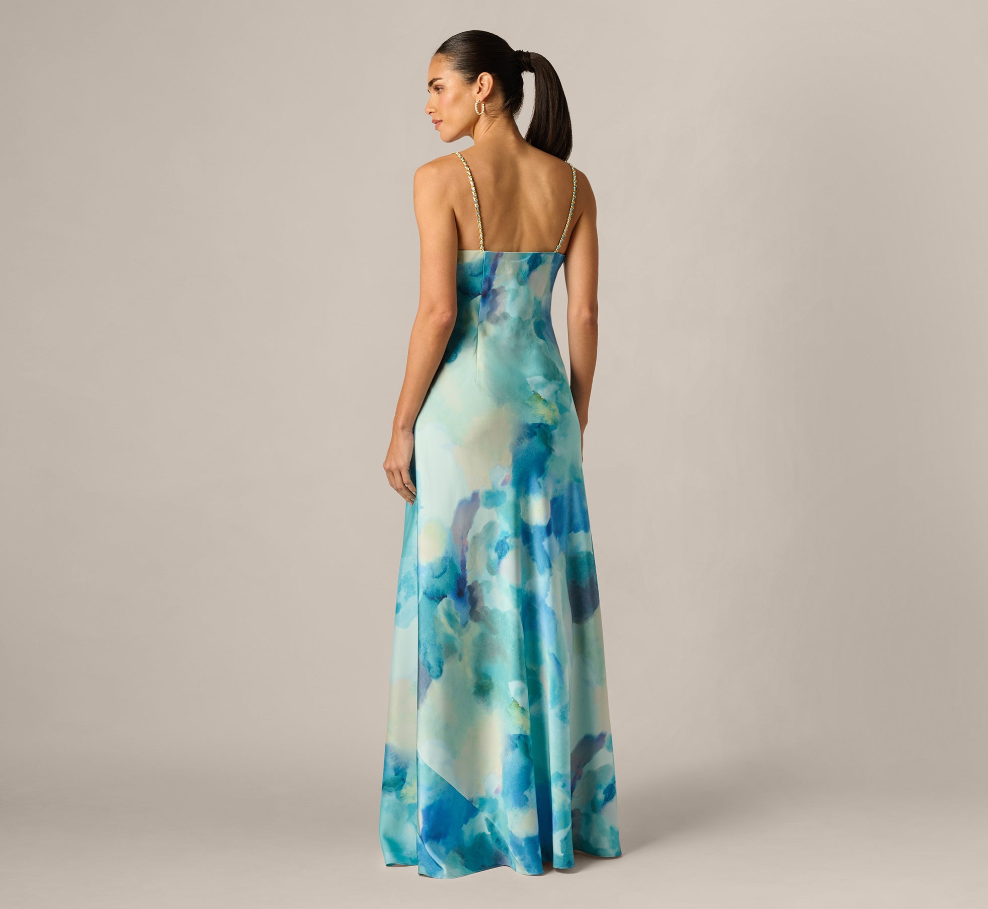 Draped Sateen Watercolor Gown In Blue Multi