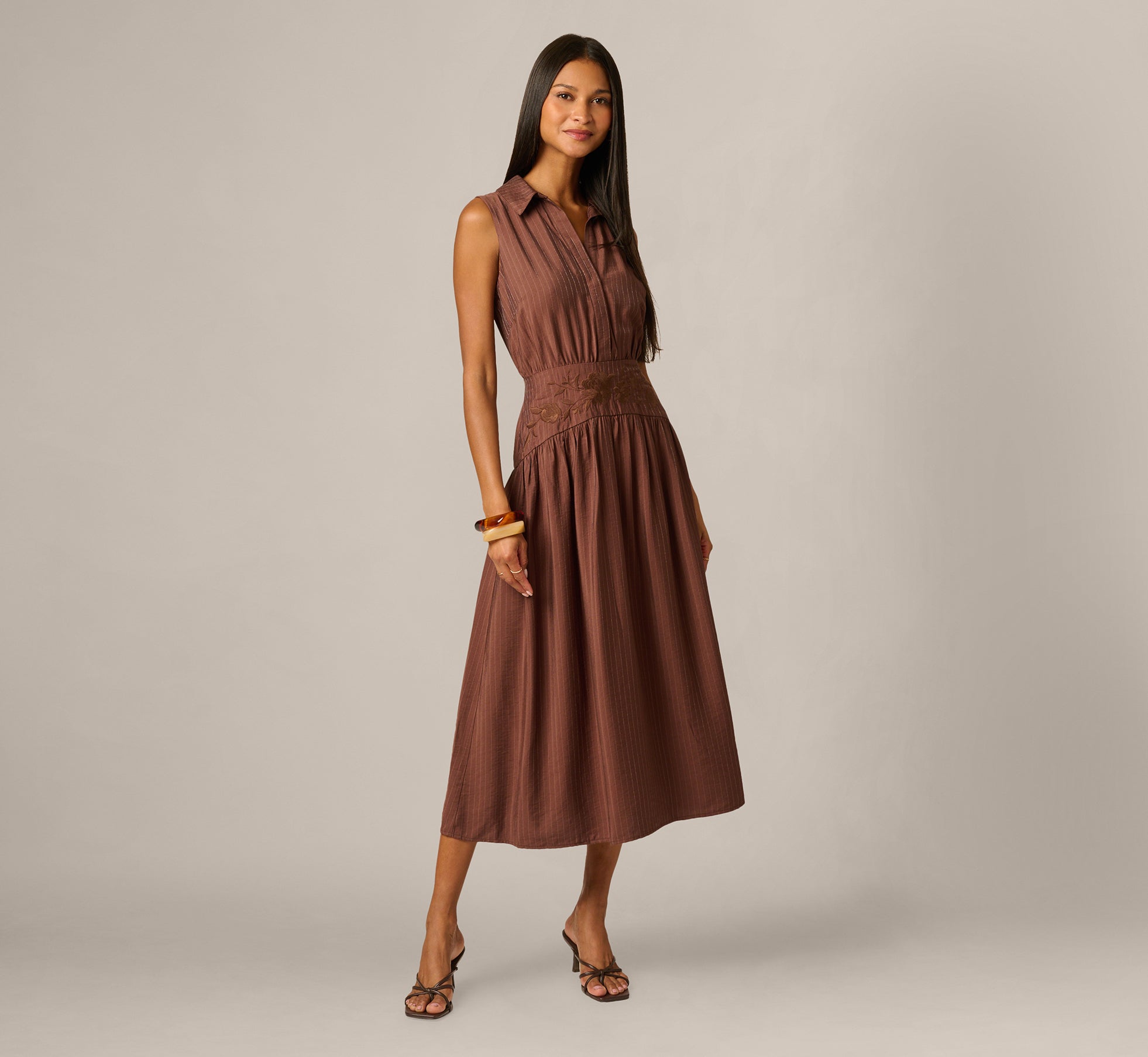 Pinstripe Floral Embroidered Yoke Midi Dress In Dark Brown