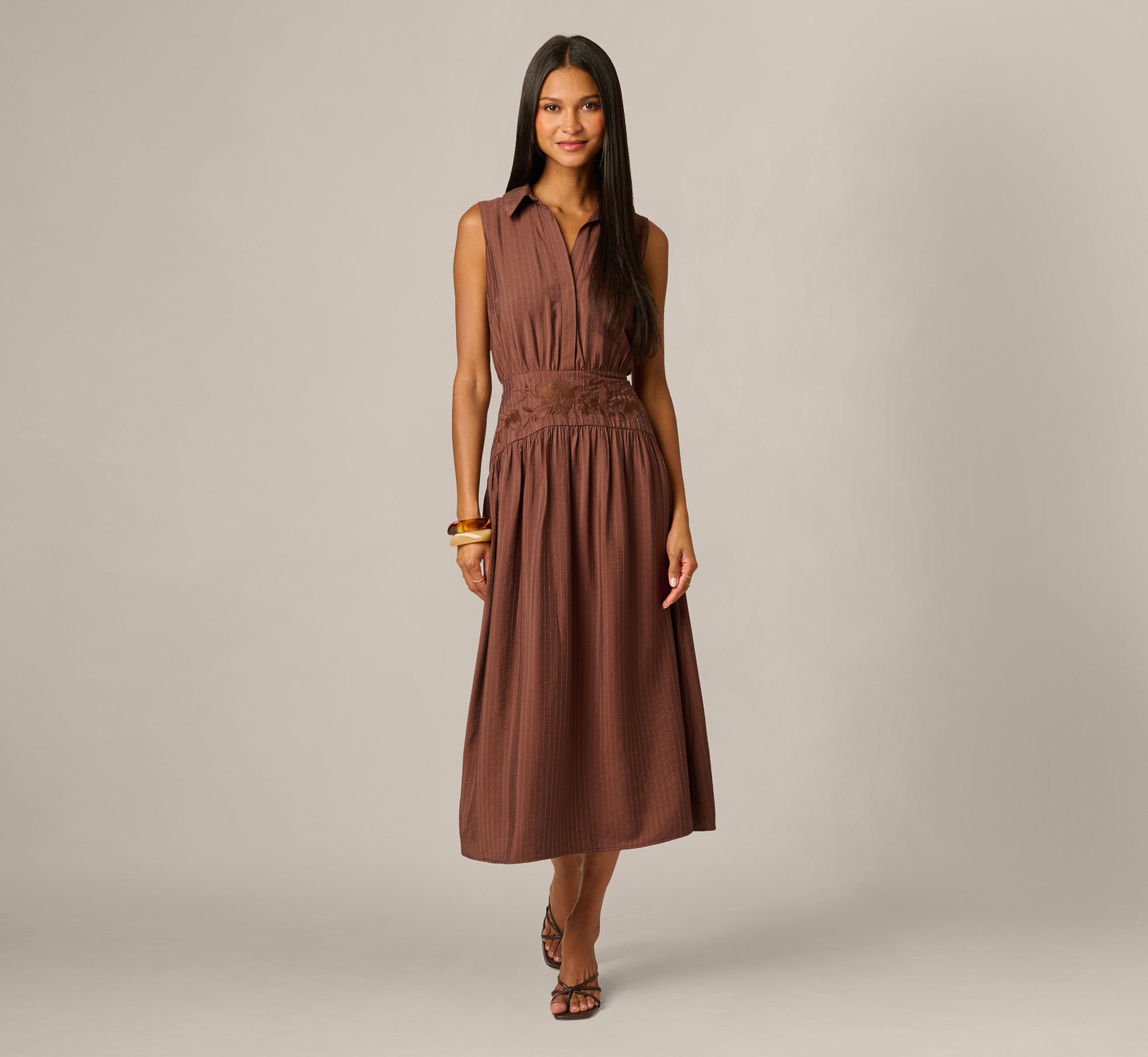 Pinstripe Floral Embroidered Yoke Midi Dress In Dark Brown