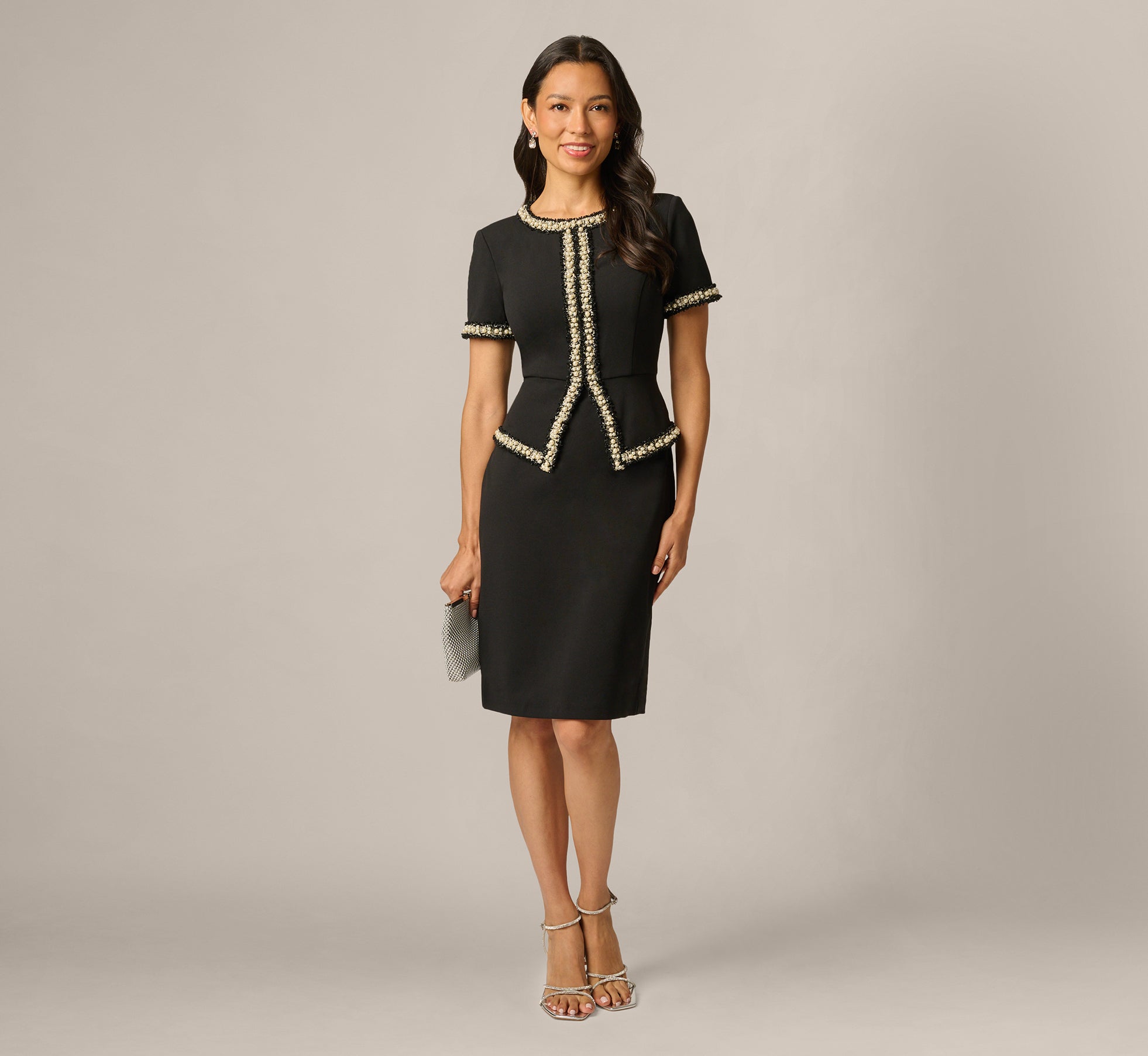 Petite Short Sleeve Pearly Trim Peplum Stretch Sheath Dress In Black