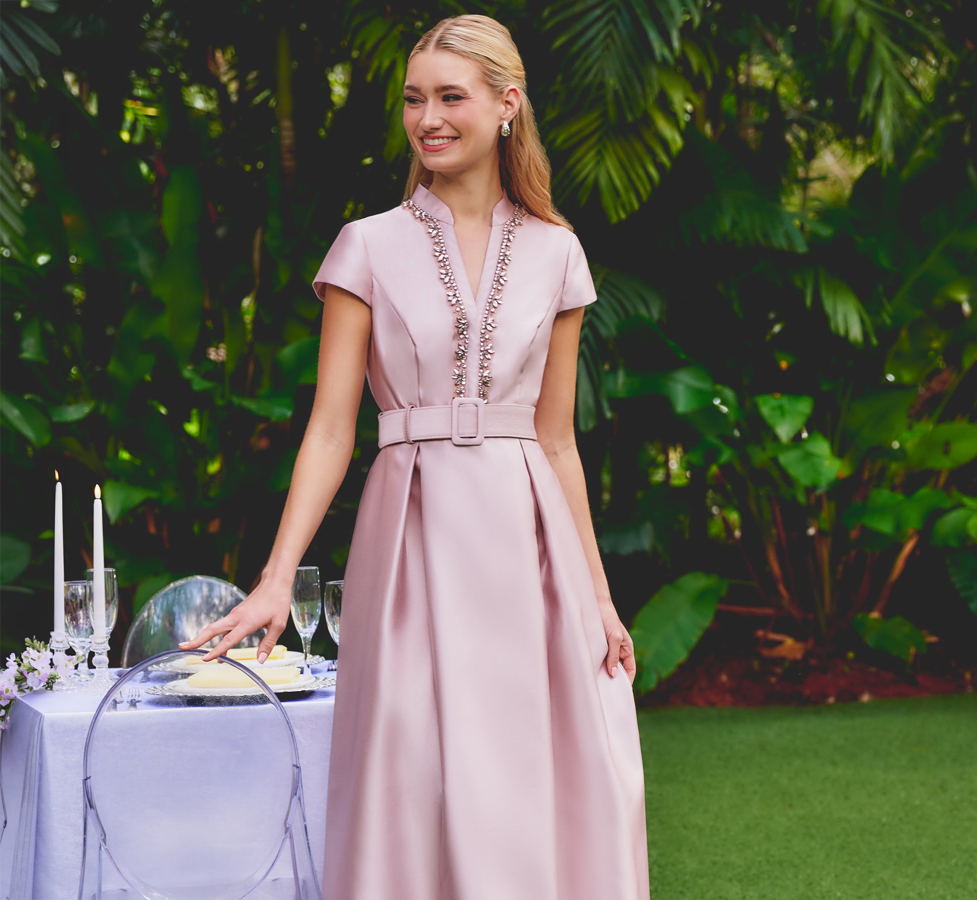 Cap Sleeve Beaded Collar Ballgown In Bellini