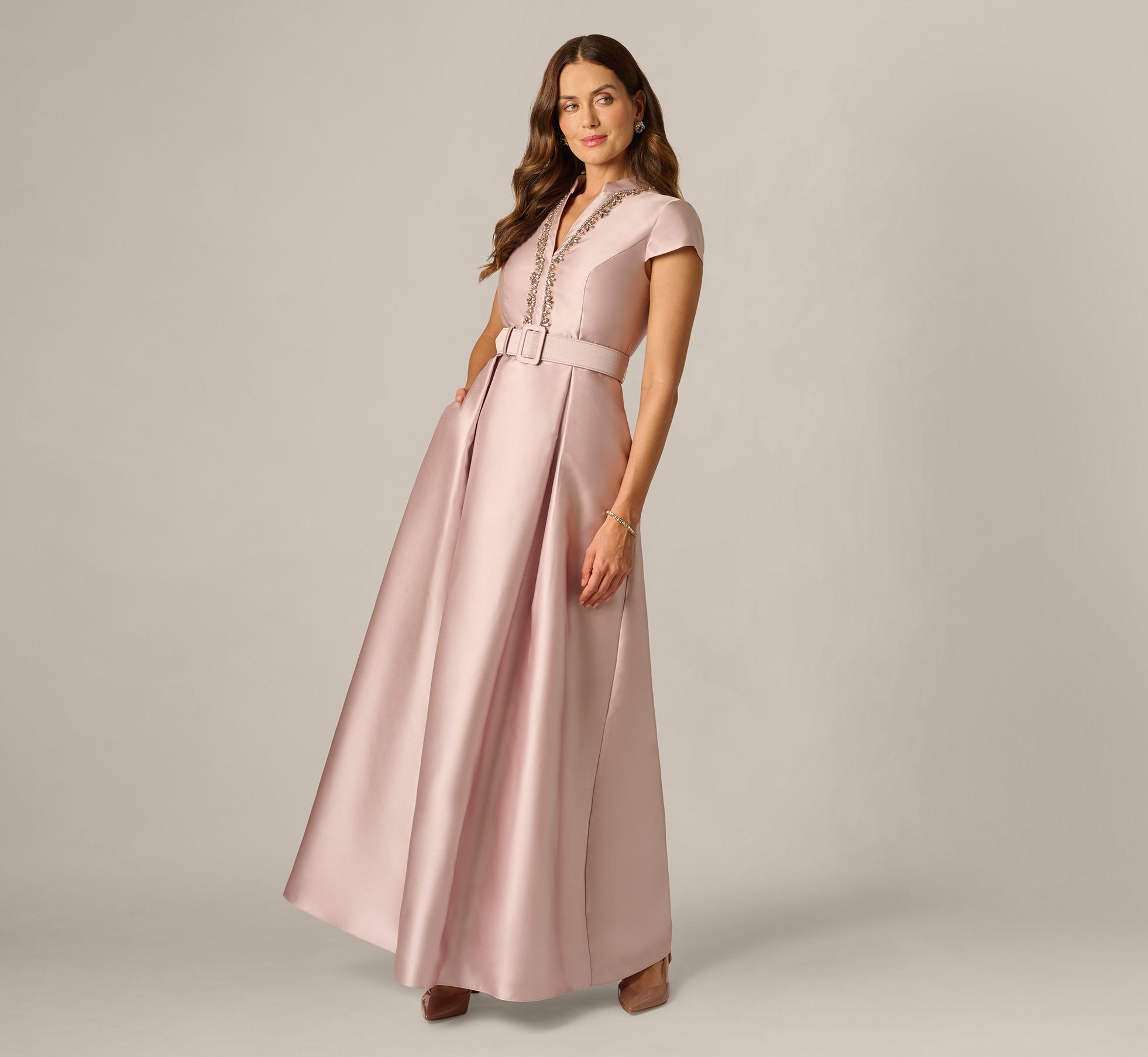 Cap Sleeve Beaded Collar Ballgown In Bellini