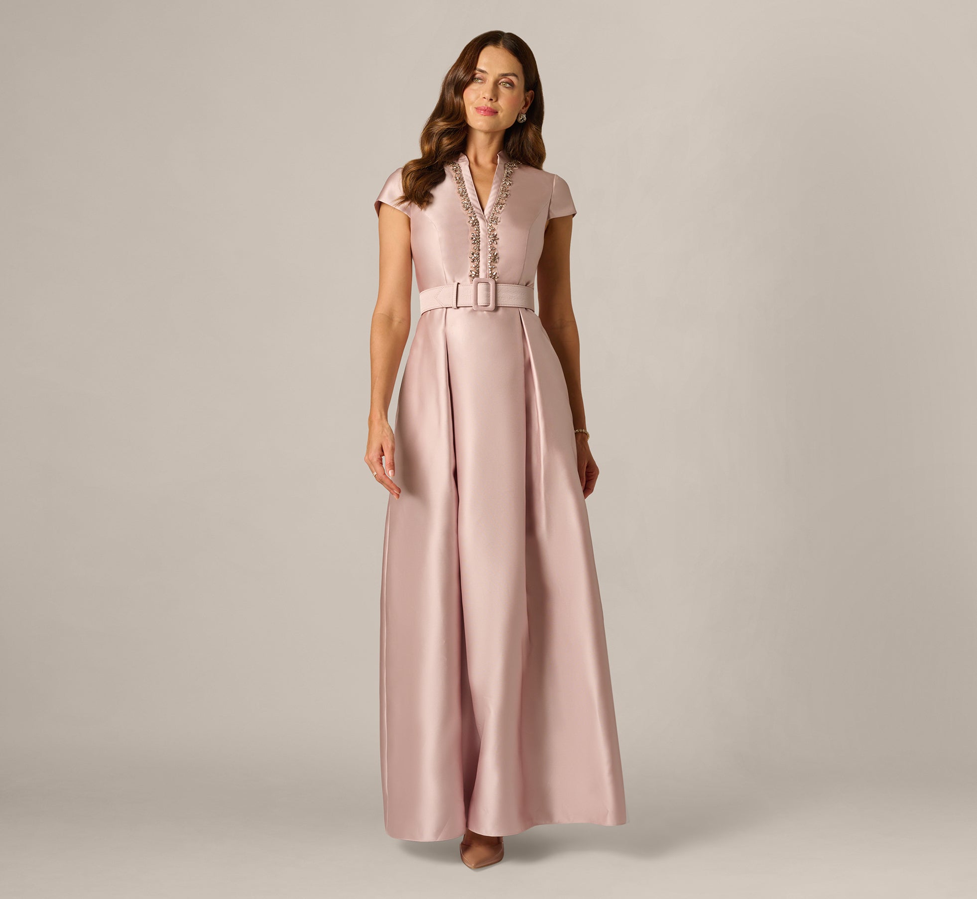 Cap Sleeve Beaded Collar Ballgown In Bellini