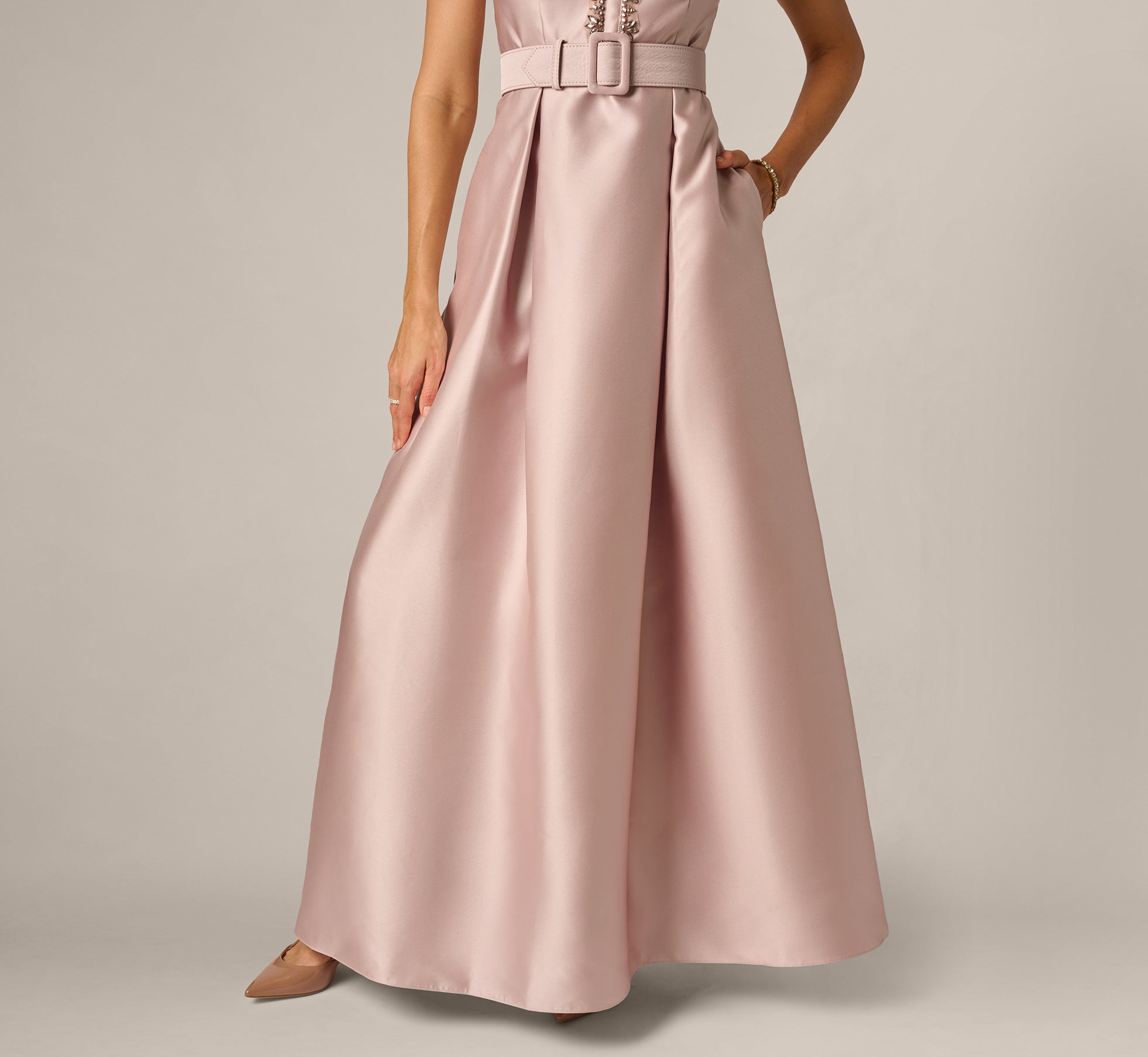 Cap Sleeve Beaded Collar Ballgown In Bellini