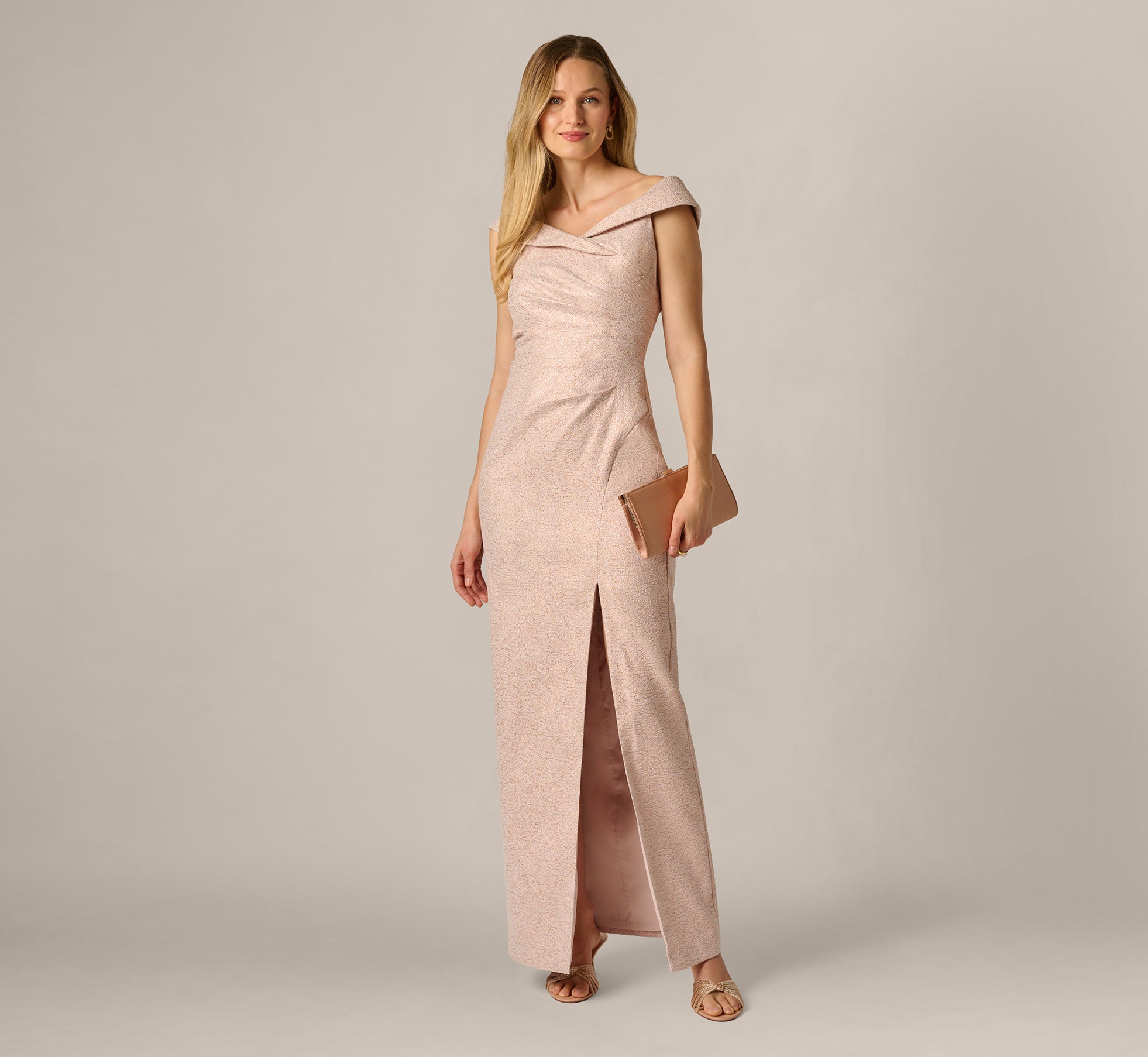 Off Shoulder Draped Stretch Jacquard Gown In Blush