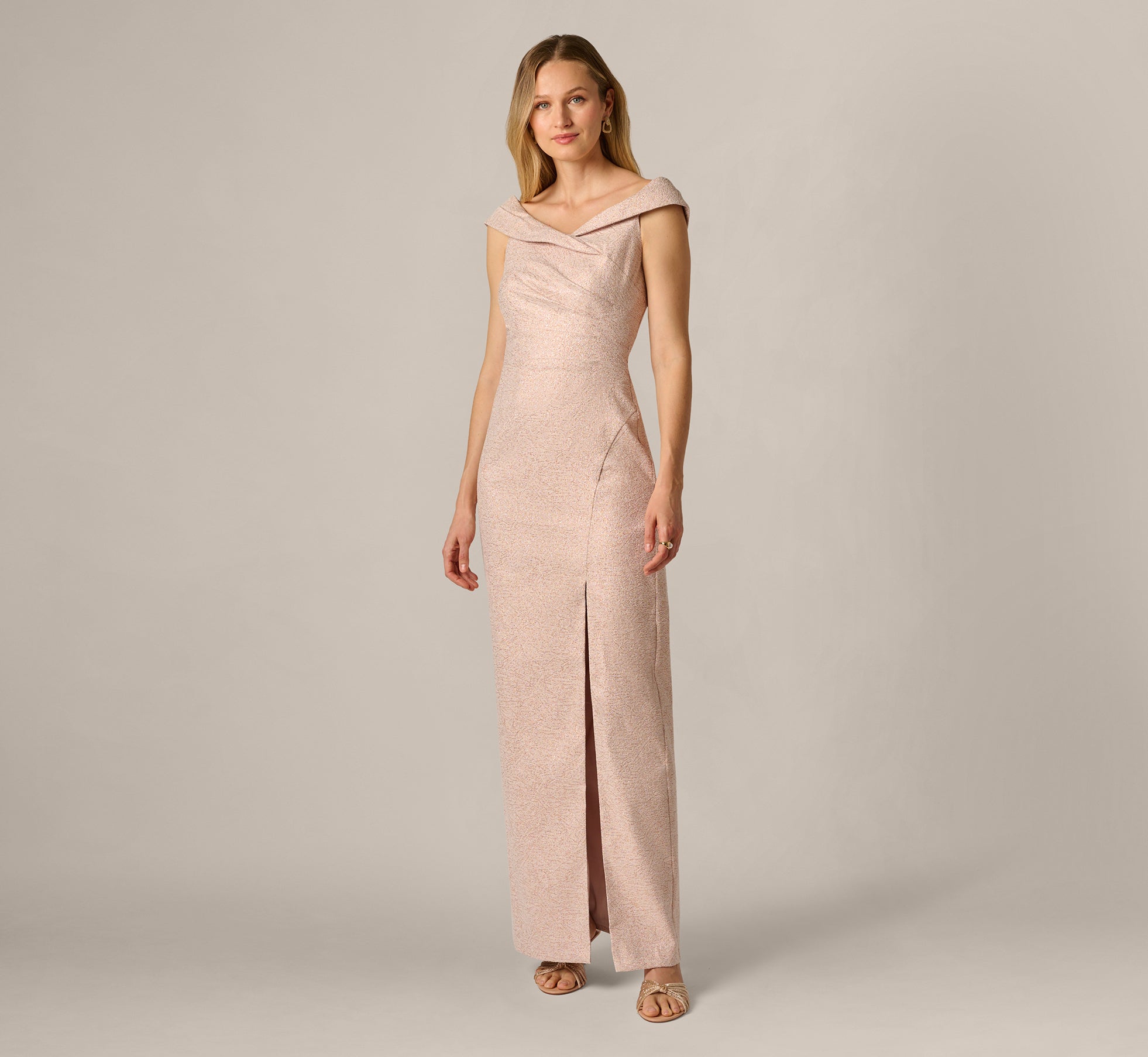 Off Shoulder Draped Stretch Jacquard Gown In Blush