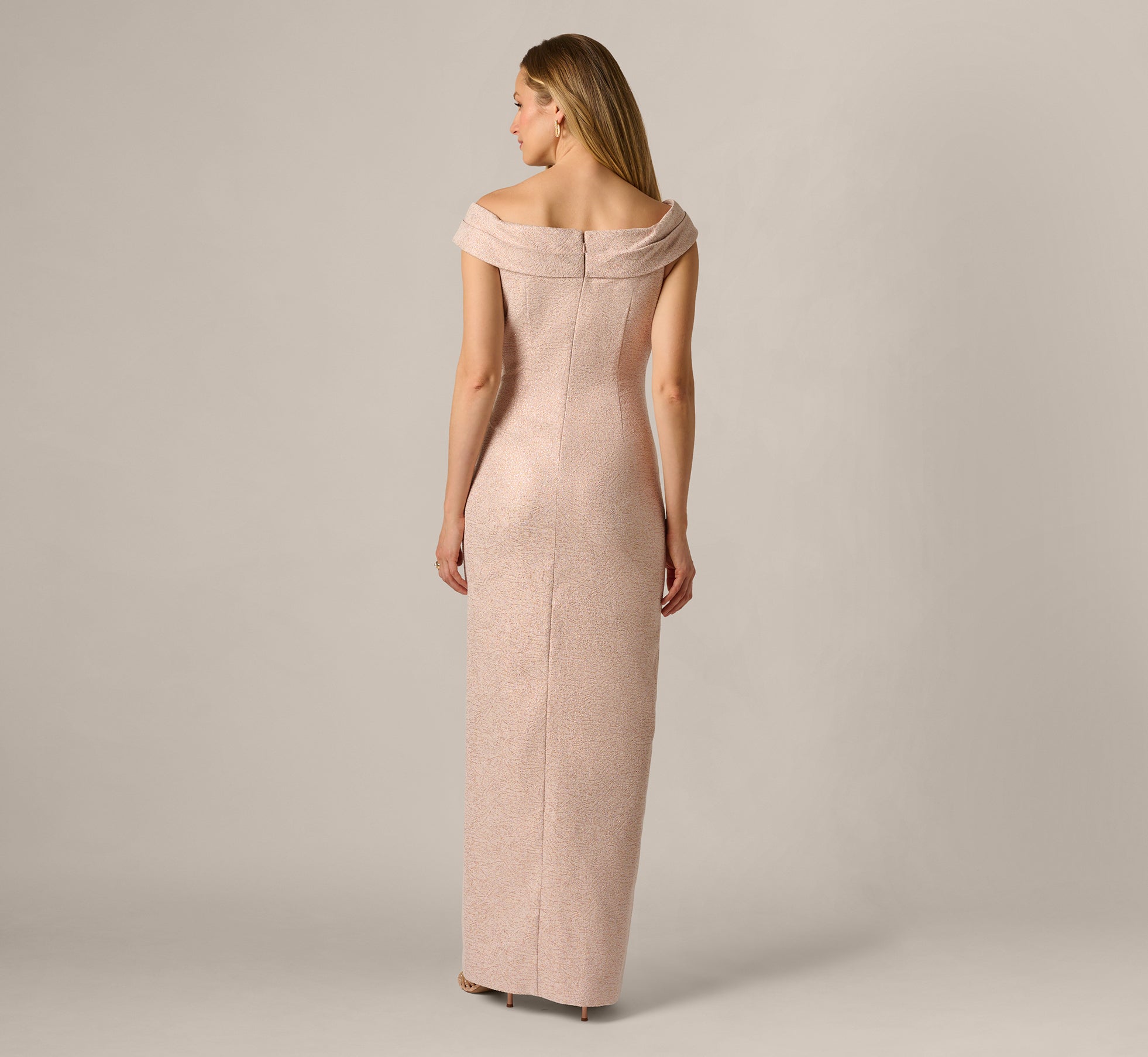 Off Shoulder Draped Stretch Jacquard Gown In Blush