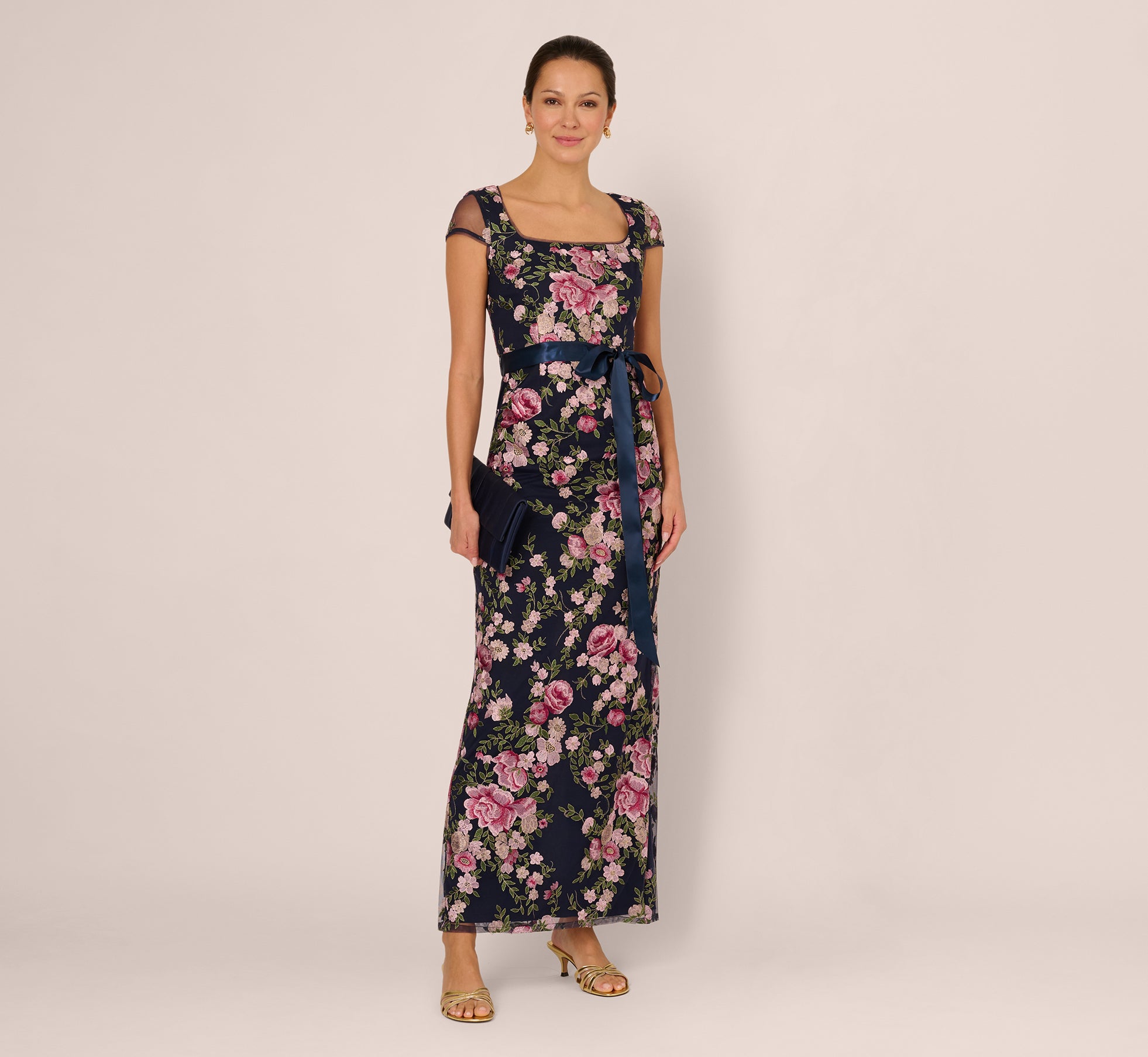 Embroidered Floral Cap Sleeve Column Gown In Navy Blush