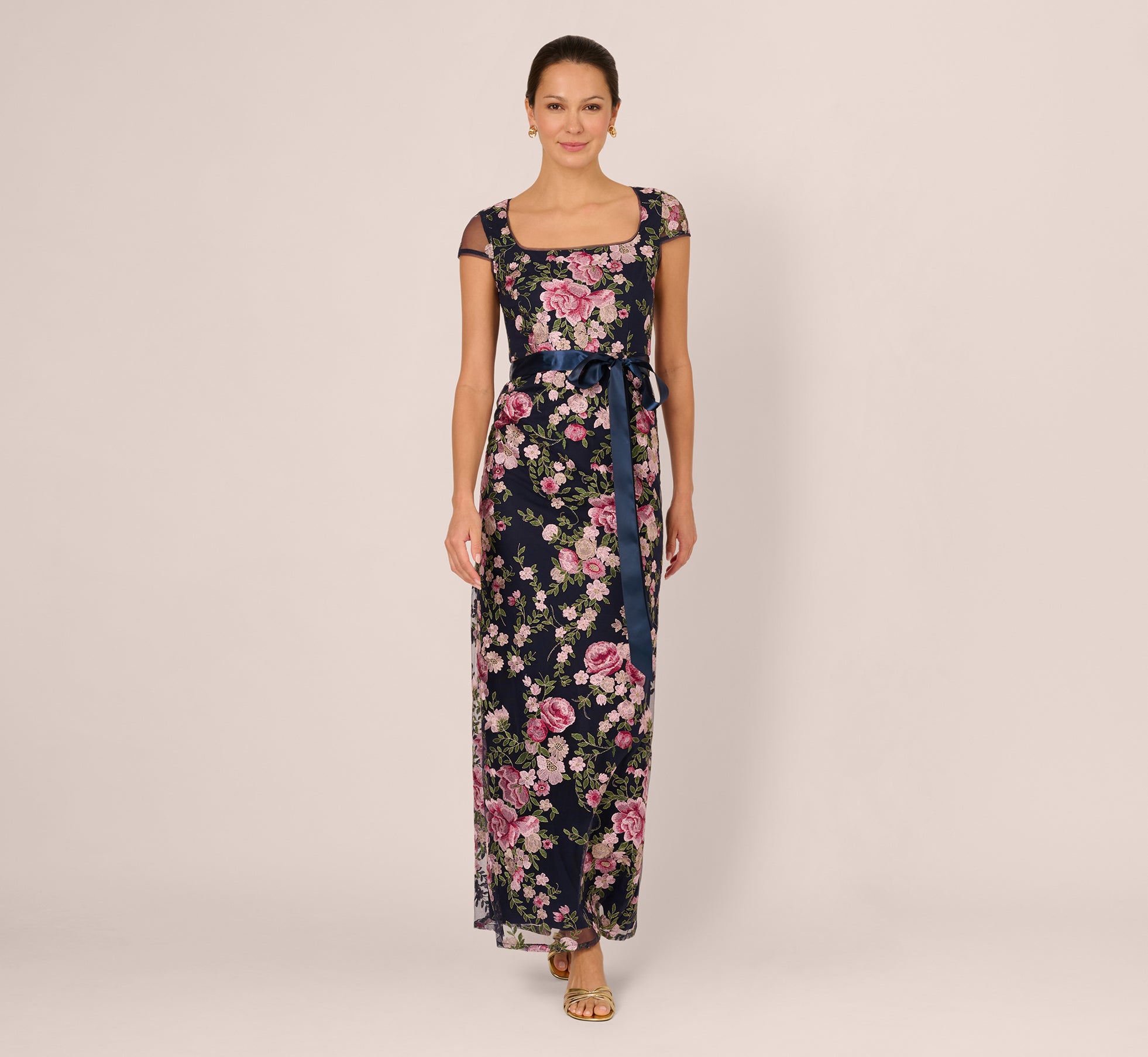 Embroidered Floral Cap Sleeve Column Gown In Navy Blush