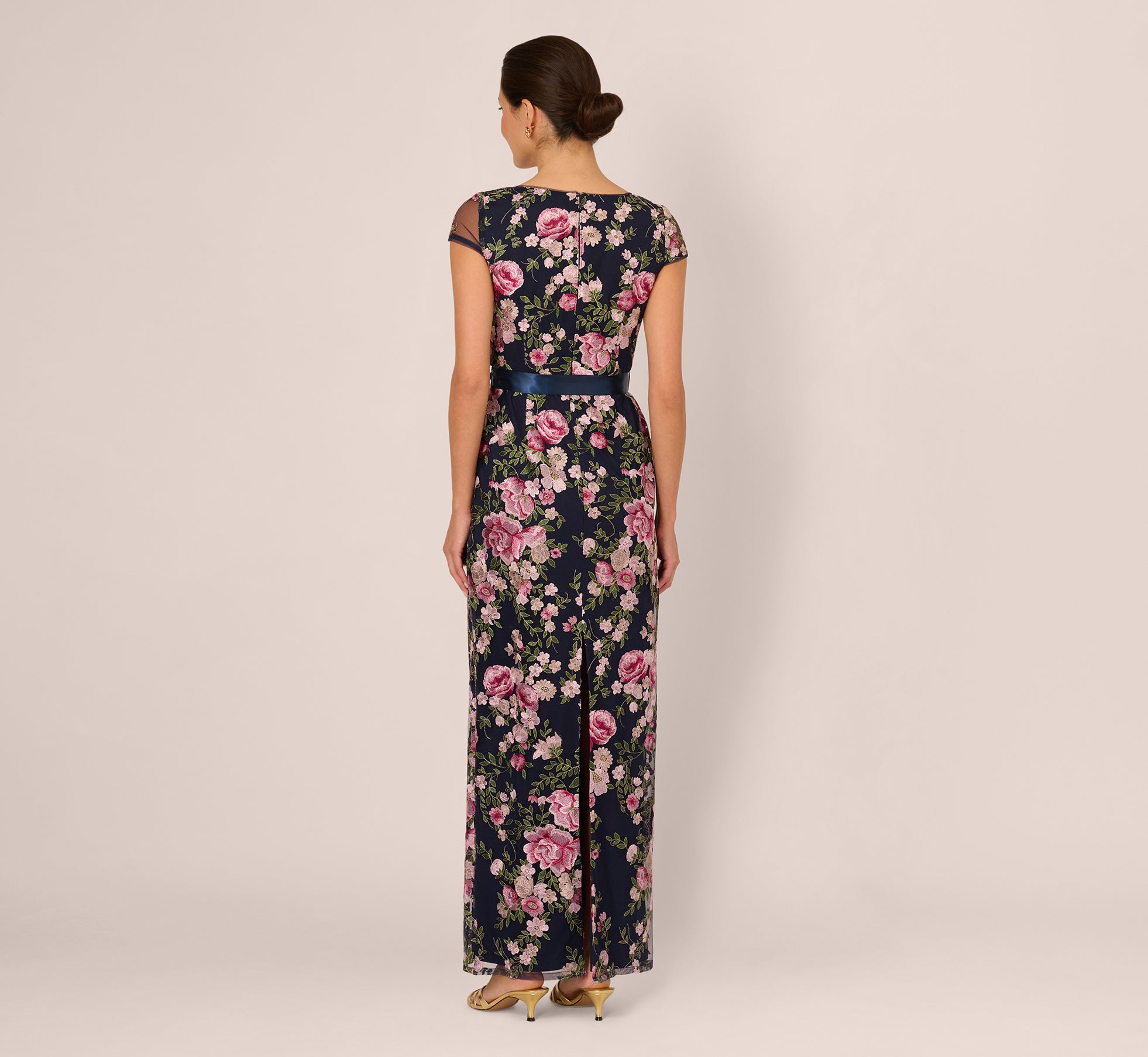Embroidered Floral Cap Sleeve Column Gown In Navy Blush