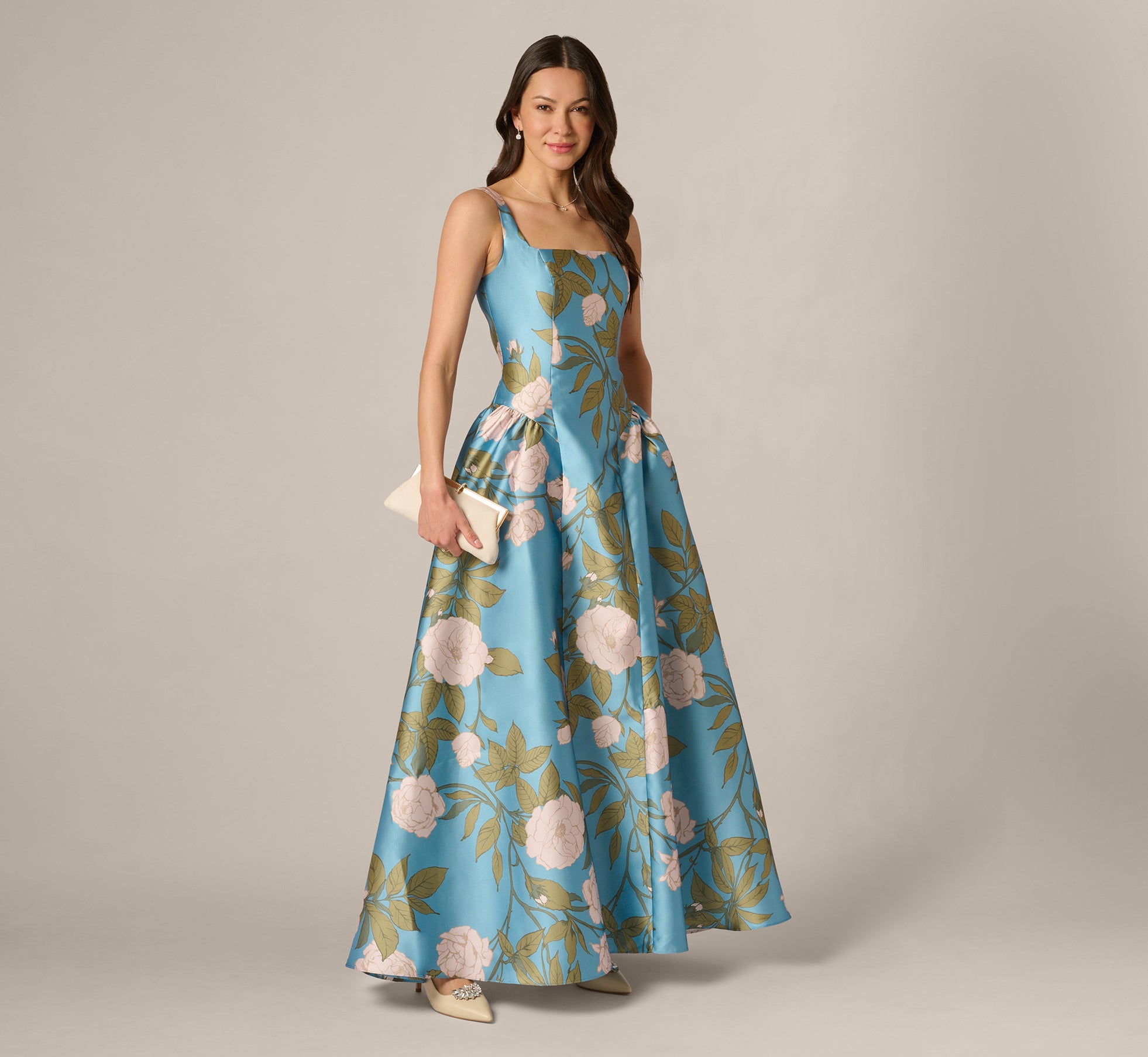Drop Waist Square Neck Floral Ballgown In Blue Multi