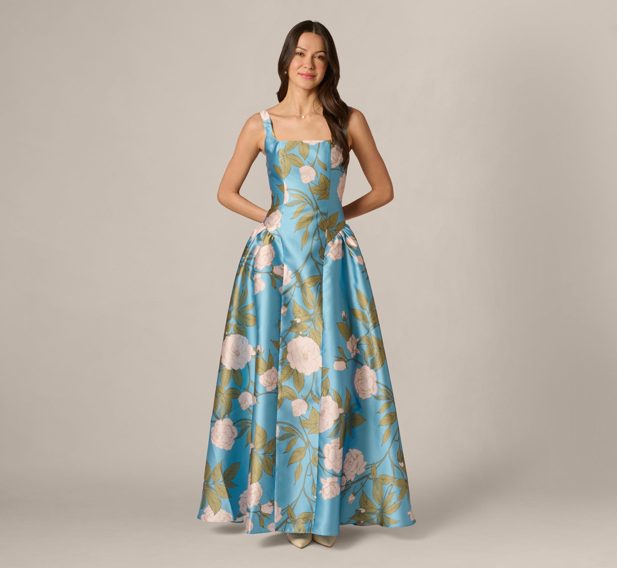 Drop Waist Square Neck Floral Ballgown In Blue Multi