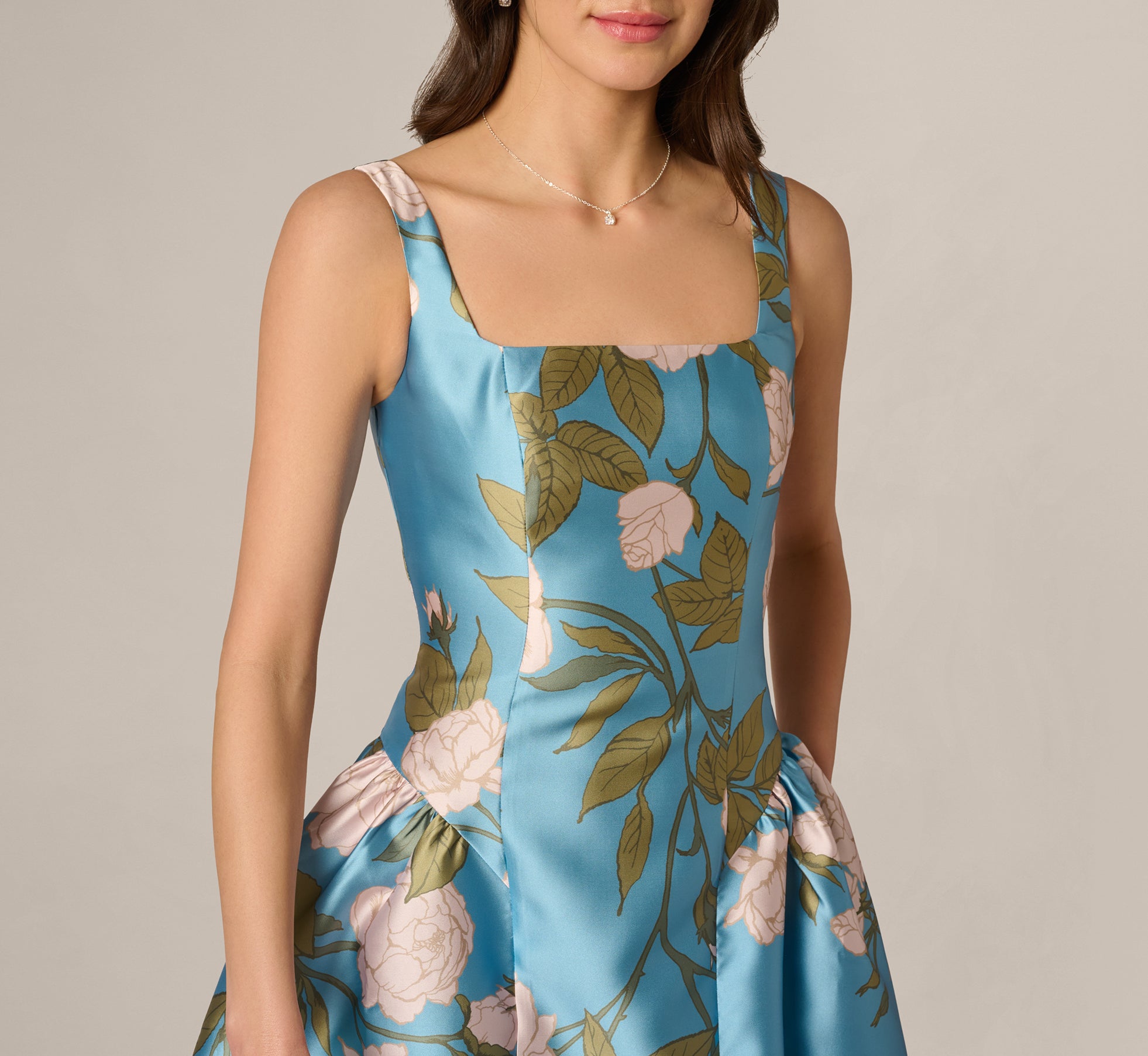 Drop Waist Square Neck Floral Ballgown In Blue Multi