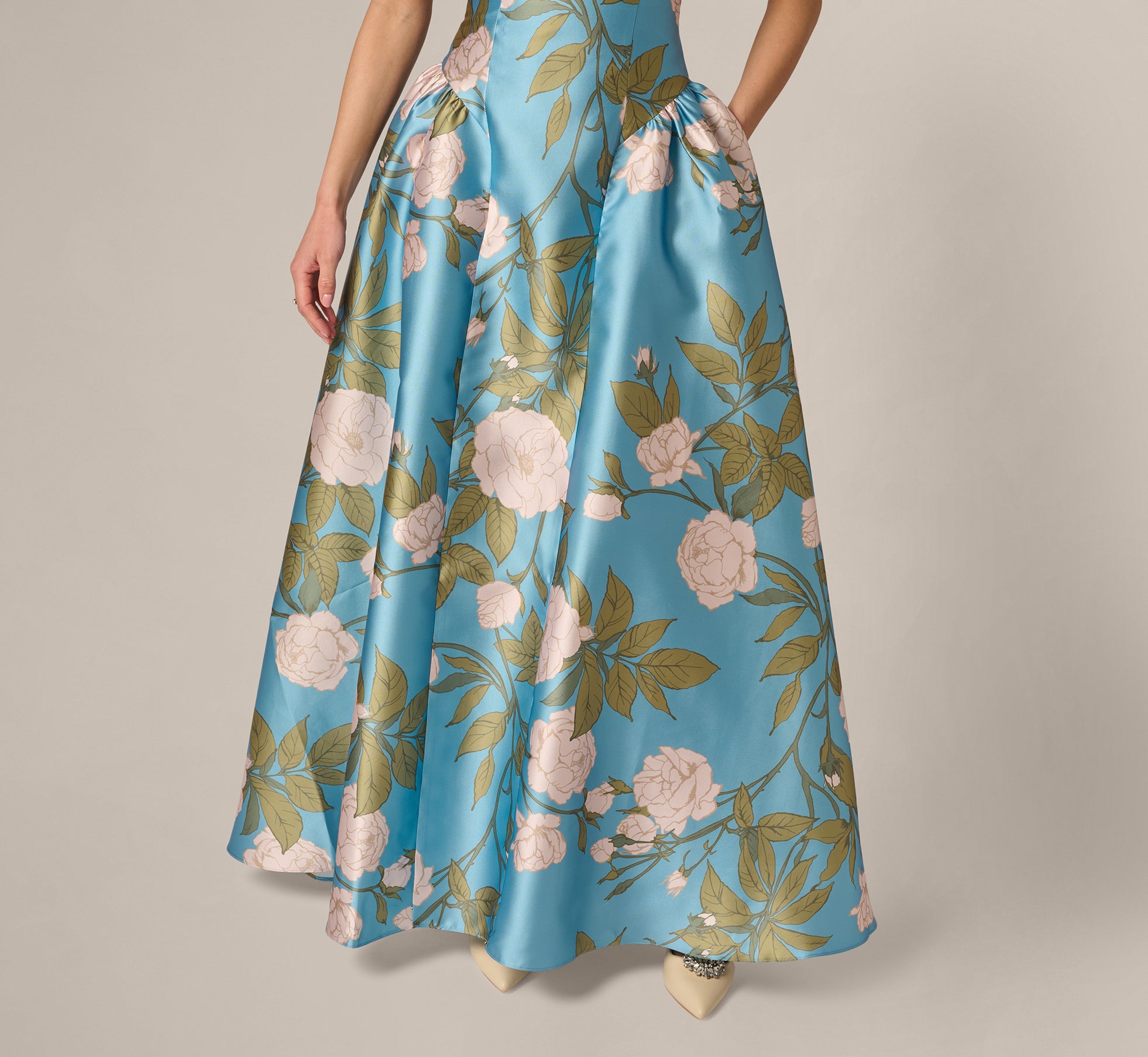 Drop Waist Square Neck Floral Ballgown In Blue Multi