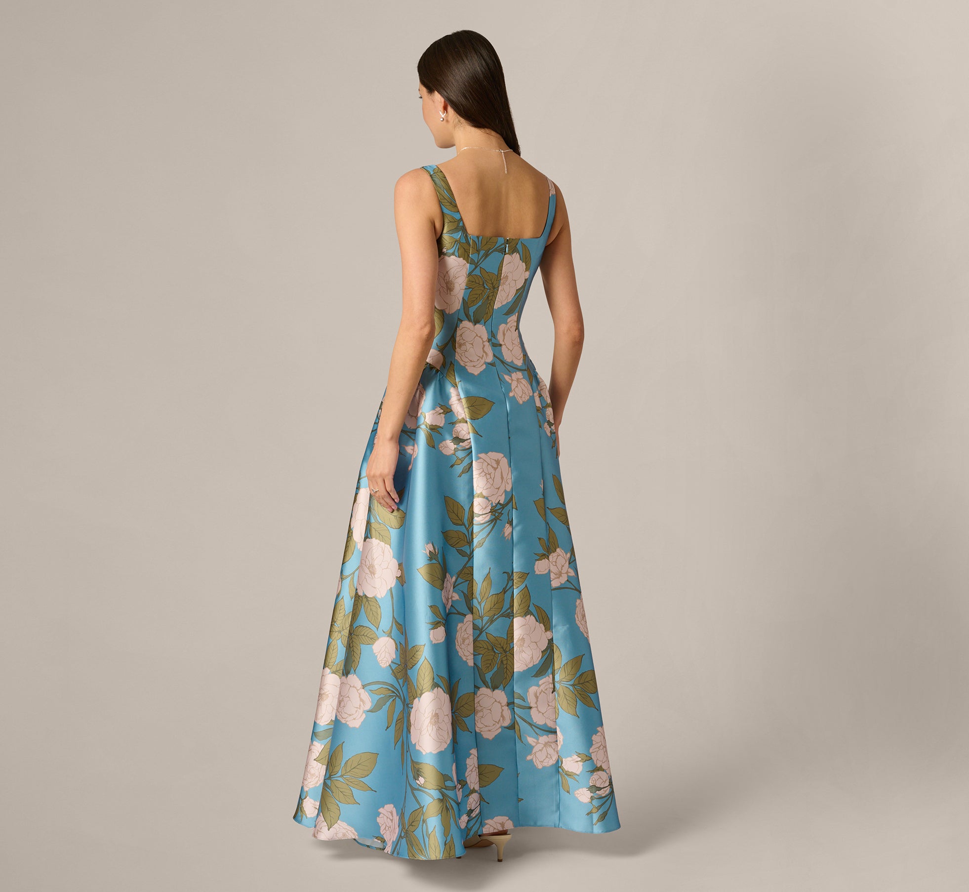 Drop Waist Square Neck Floral Ballgown In Blue Multi