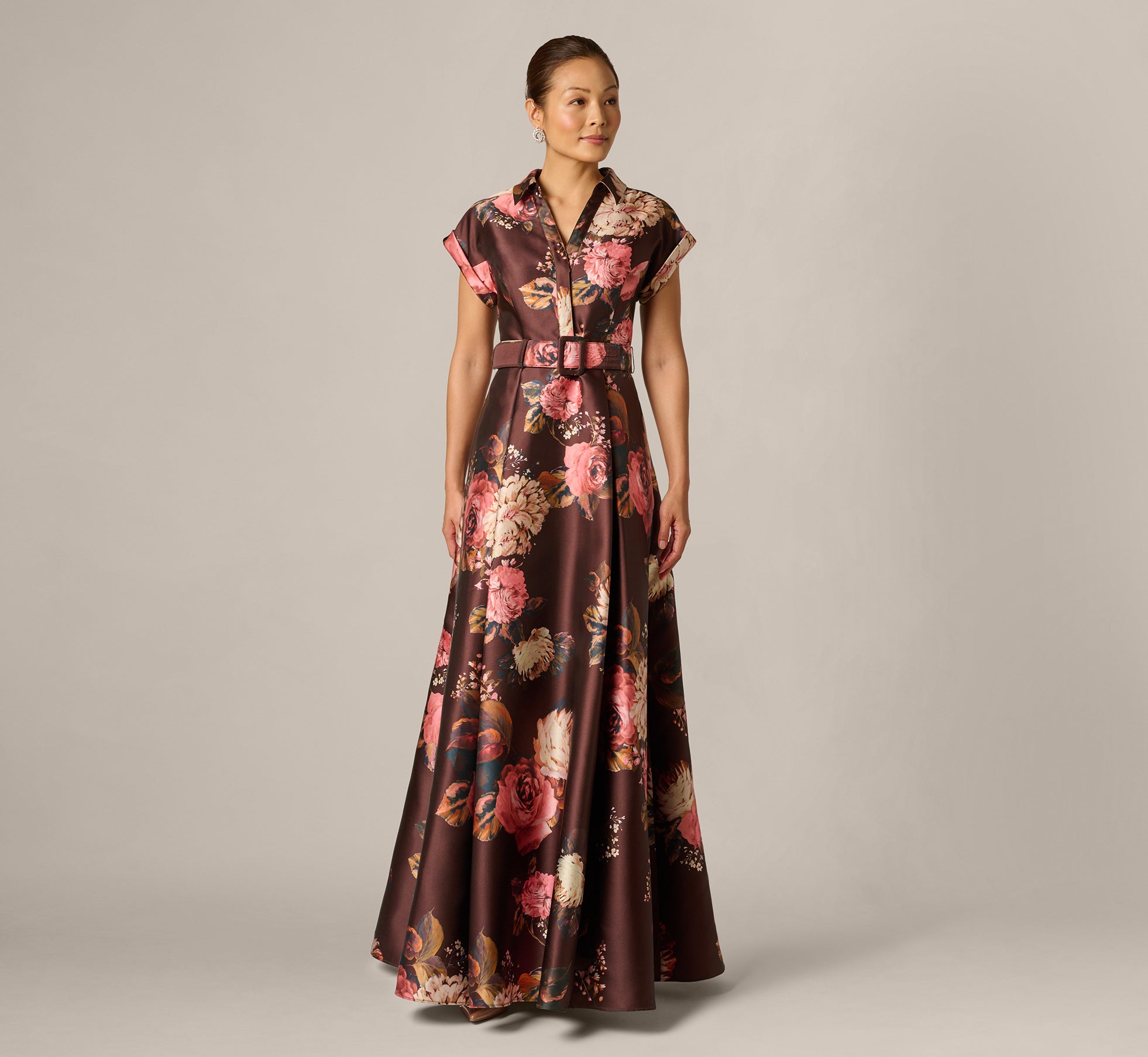 Short Sleeve Rose Floral Ballgown In Brown Multi