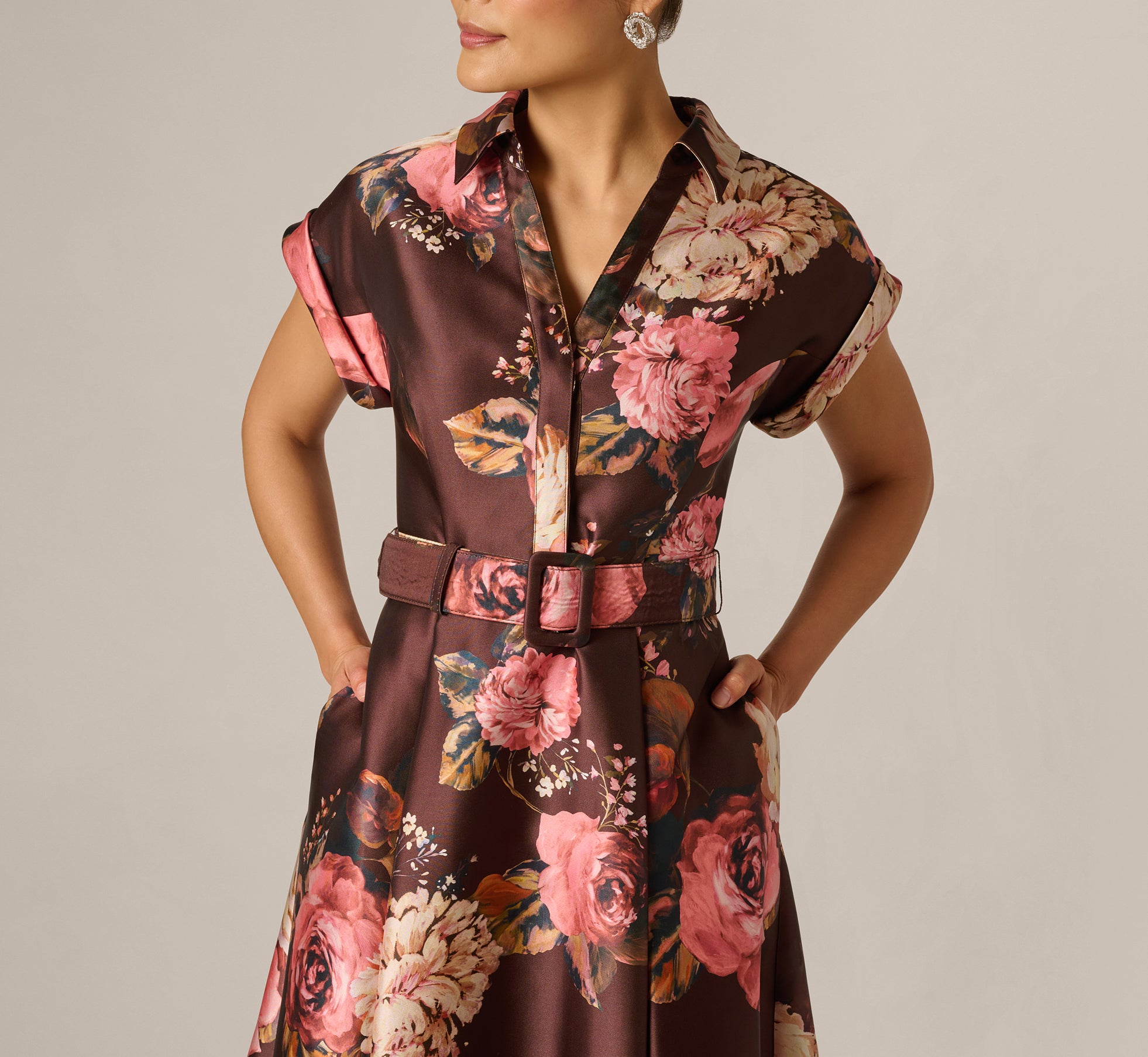 Short Sleeve Rose Floral Ballgown In Brown Multi