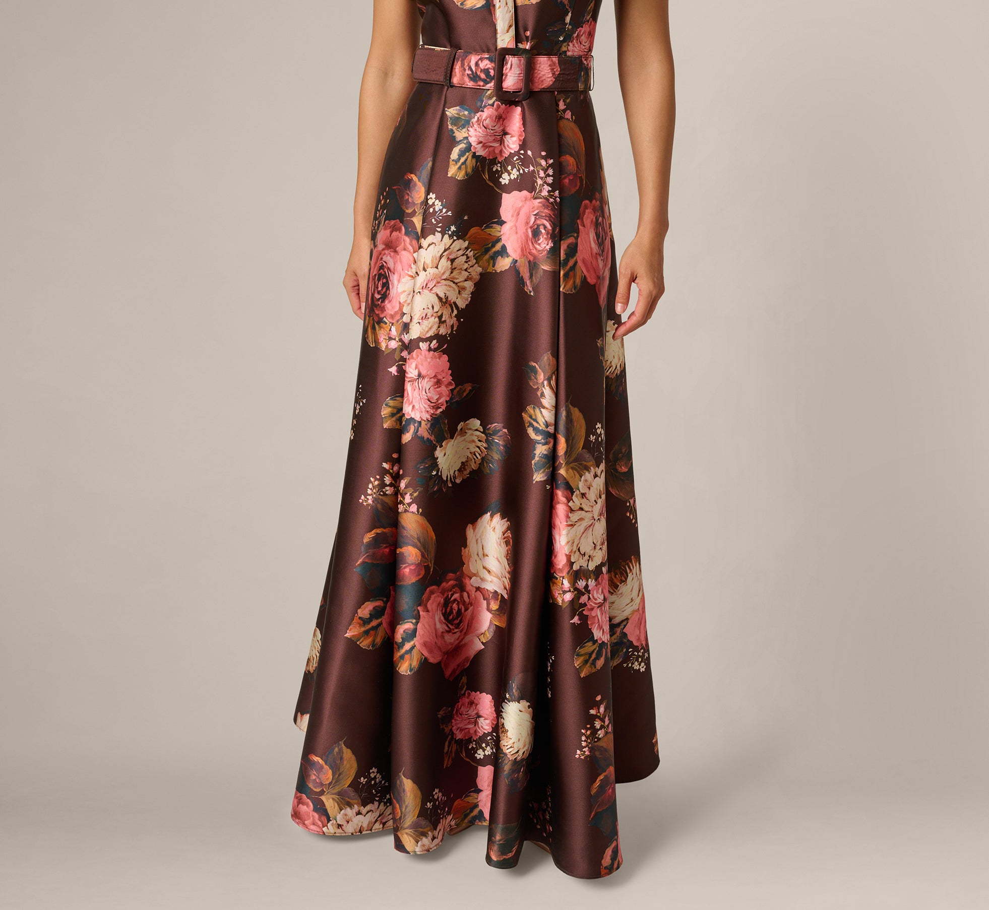 Short Sleeve Rose Floral Ballgown In Brown Multi