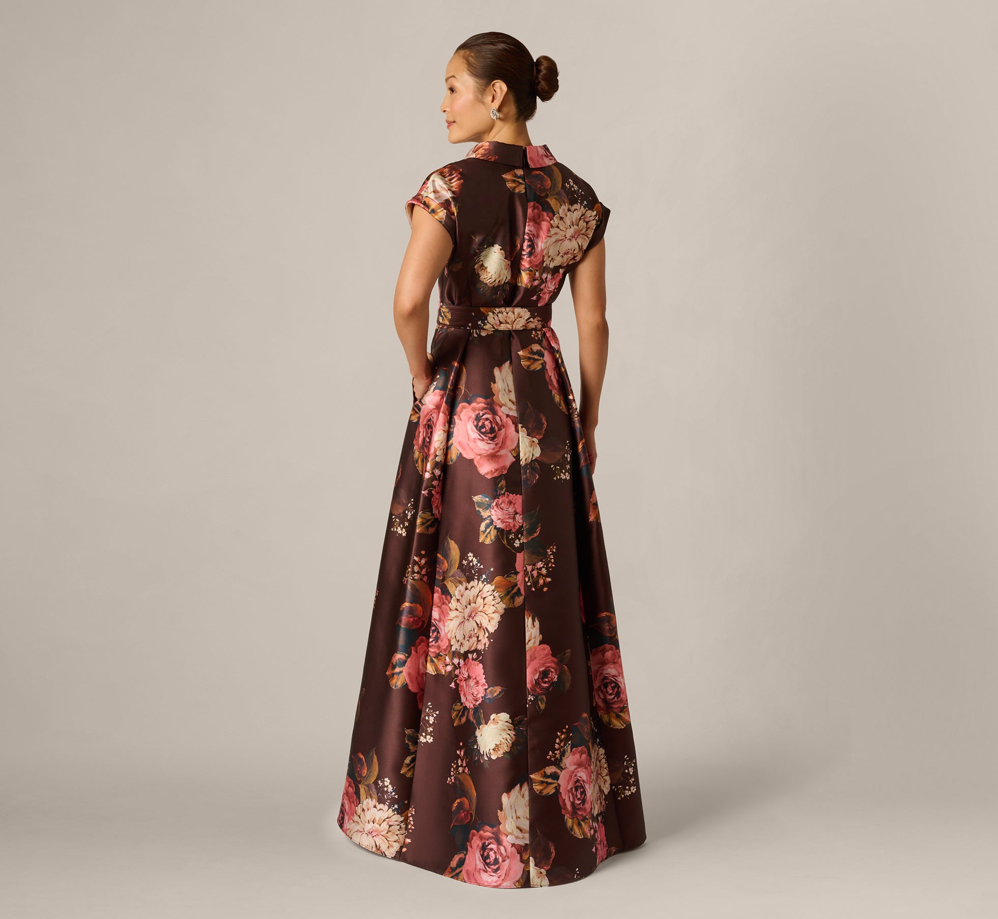 Short Sleeve Rose Floral Ballgown In Brown Multi
