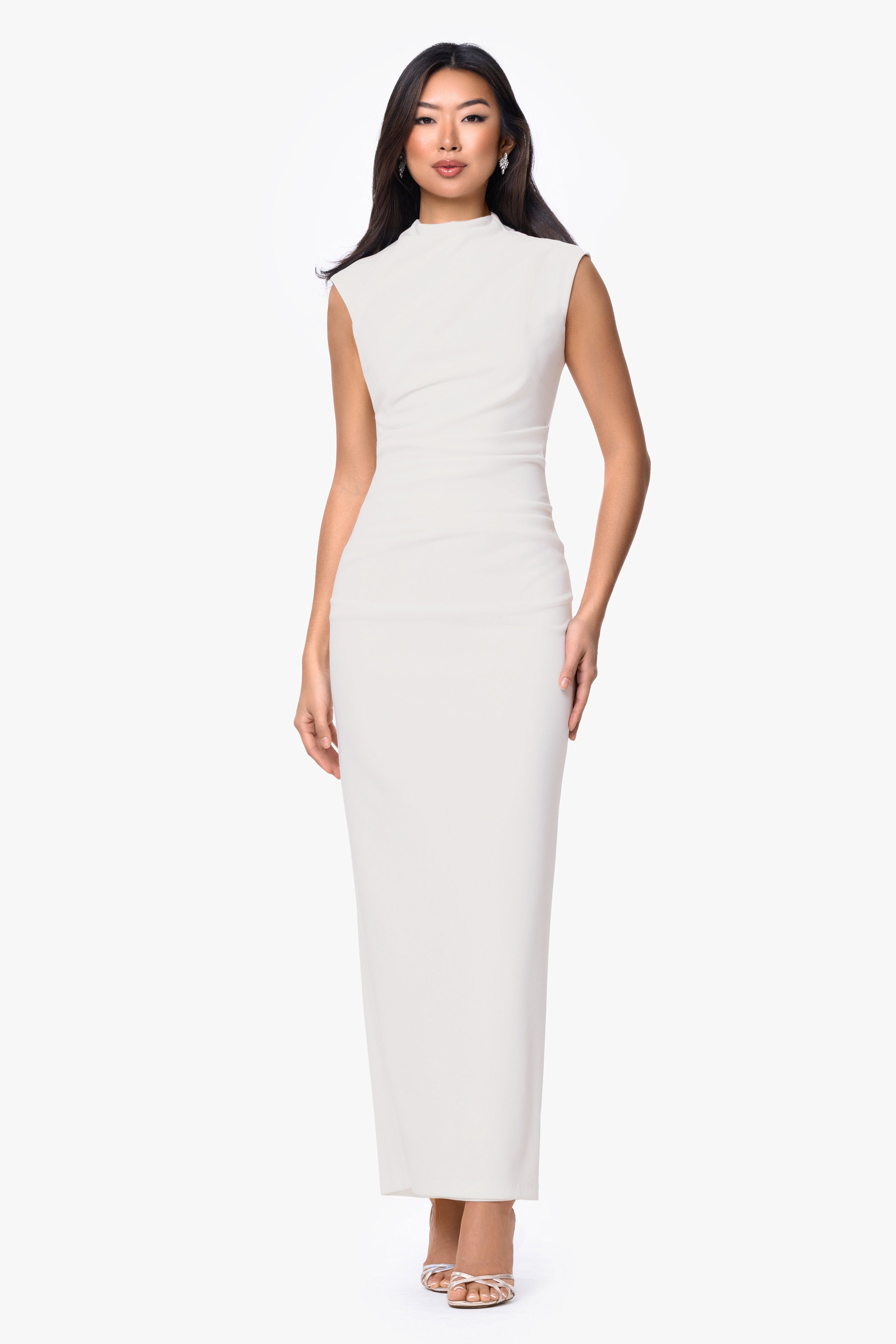 “Katalina” Scuba Crepe Ruched Mock Neck Dress