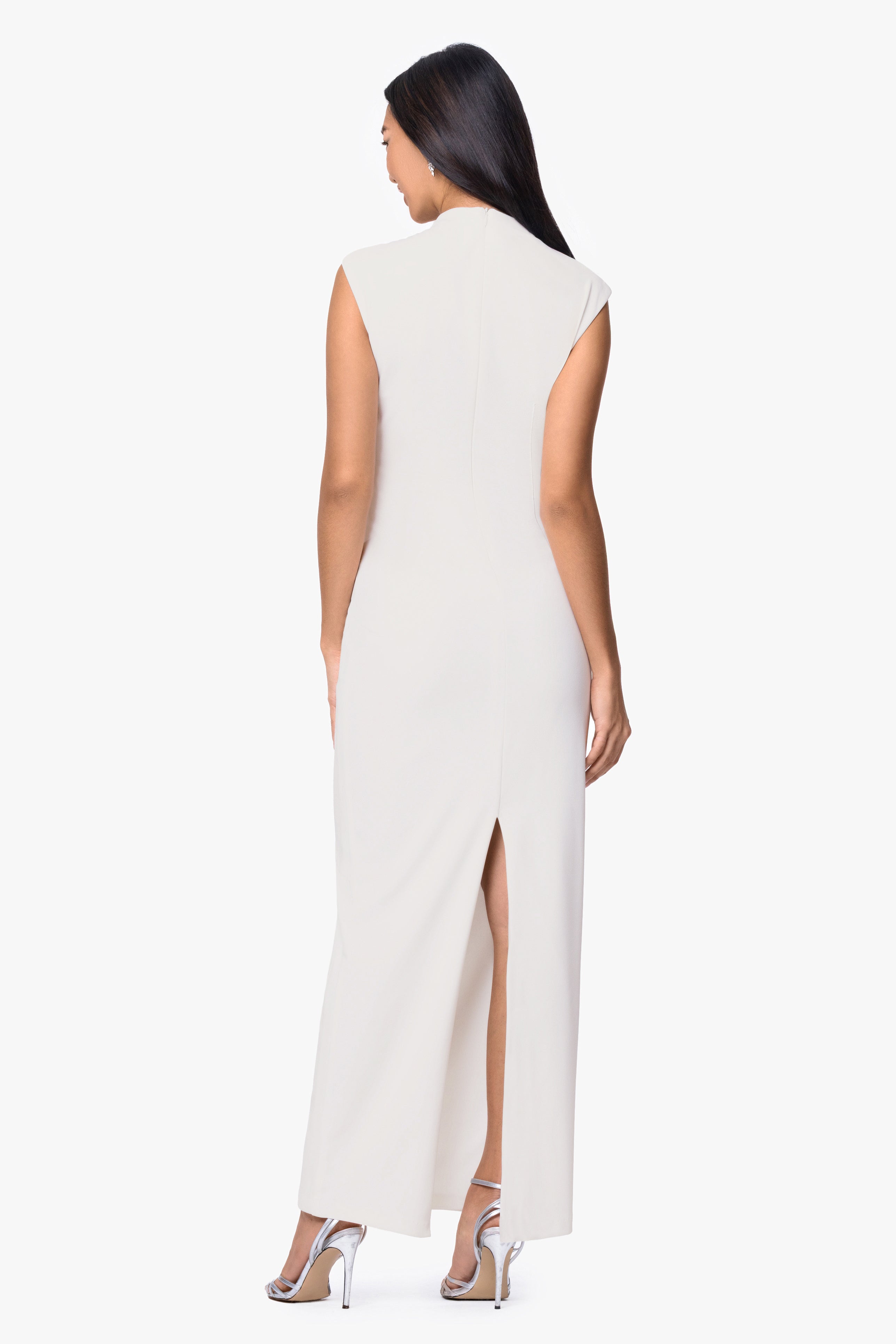 “Katalina” Scuba Crepe Ruched Mock Neck Dress