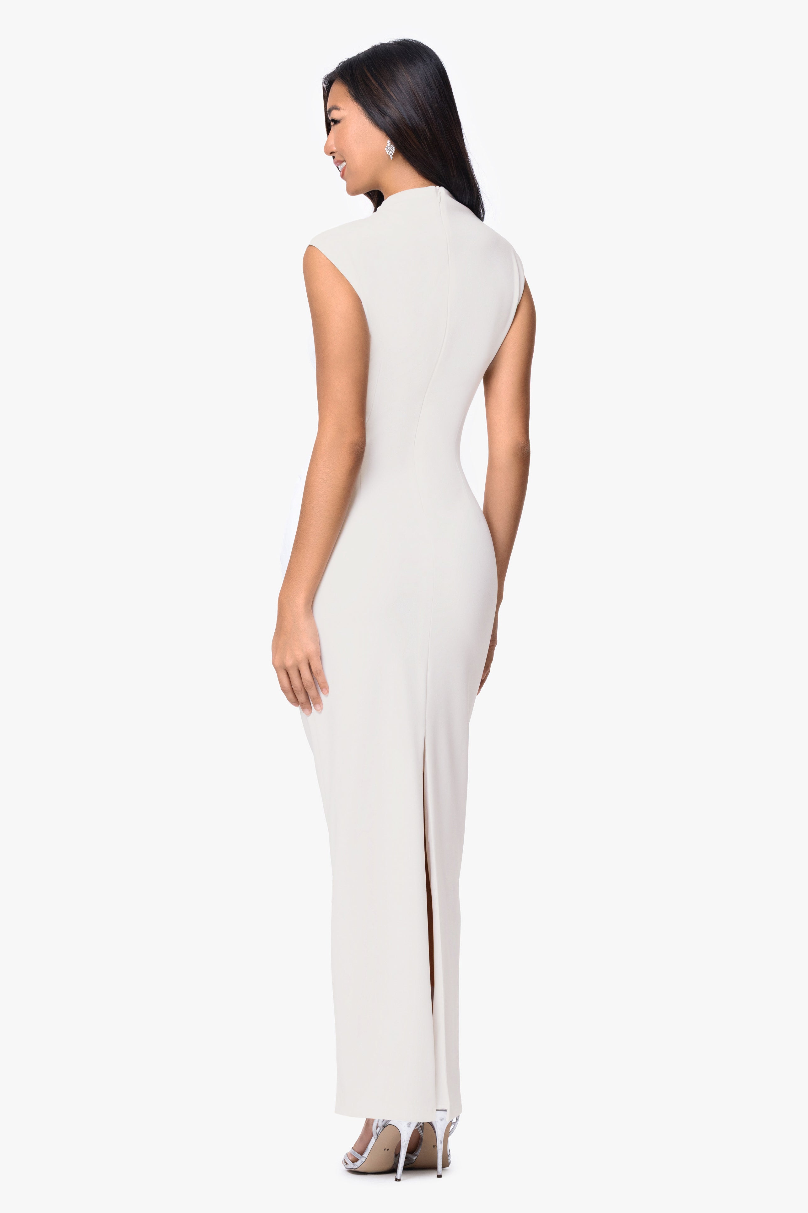 “Katalina” Scuba Crepe Ruched Mock Neck Dress