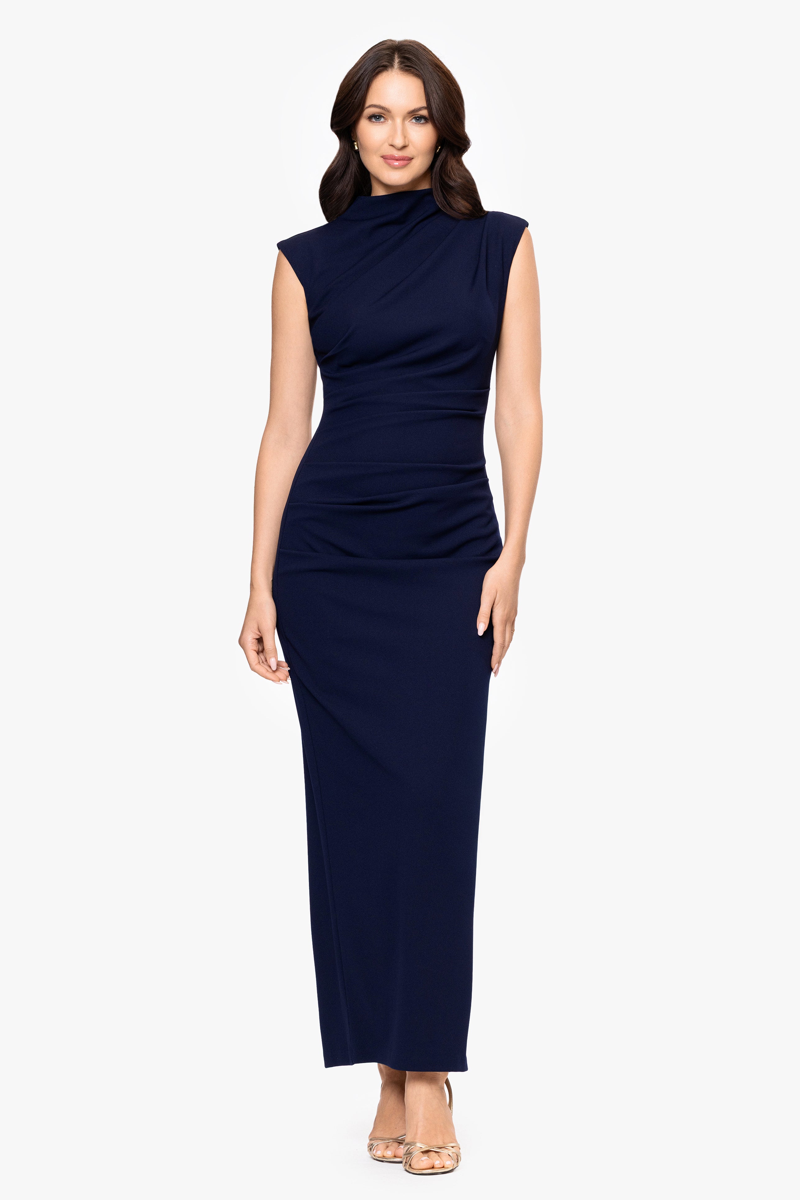 “Katalina” Scuba Crepe Ruched Mock Neck Dress