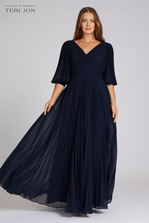 Chiffon Puff Sleeve Pleated VNeck Gown