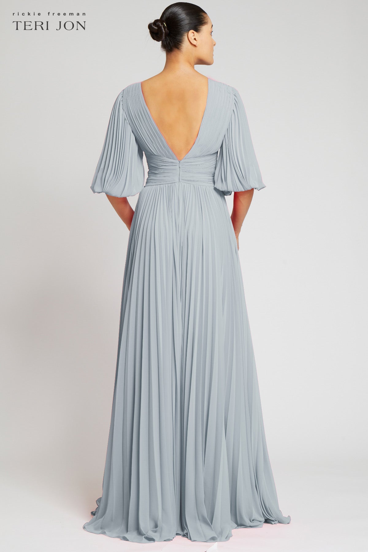 Chiffon Puff Sleeve Pleated VNeck Gown