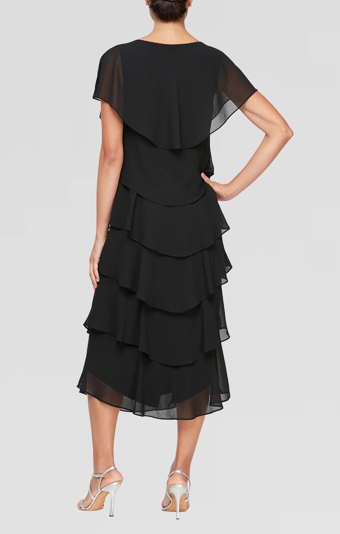 Georgette Chiffon Tea-Length Dress with Caplet Sleeves and Beaded Trim on Shoulders
