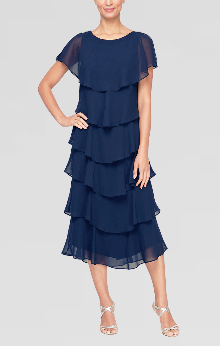 Georgette Chiffon Tea-Length Dress with Caplet Sleeves and Beaded Trim on Shoulders