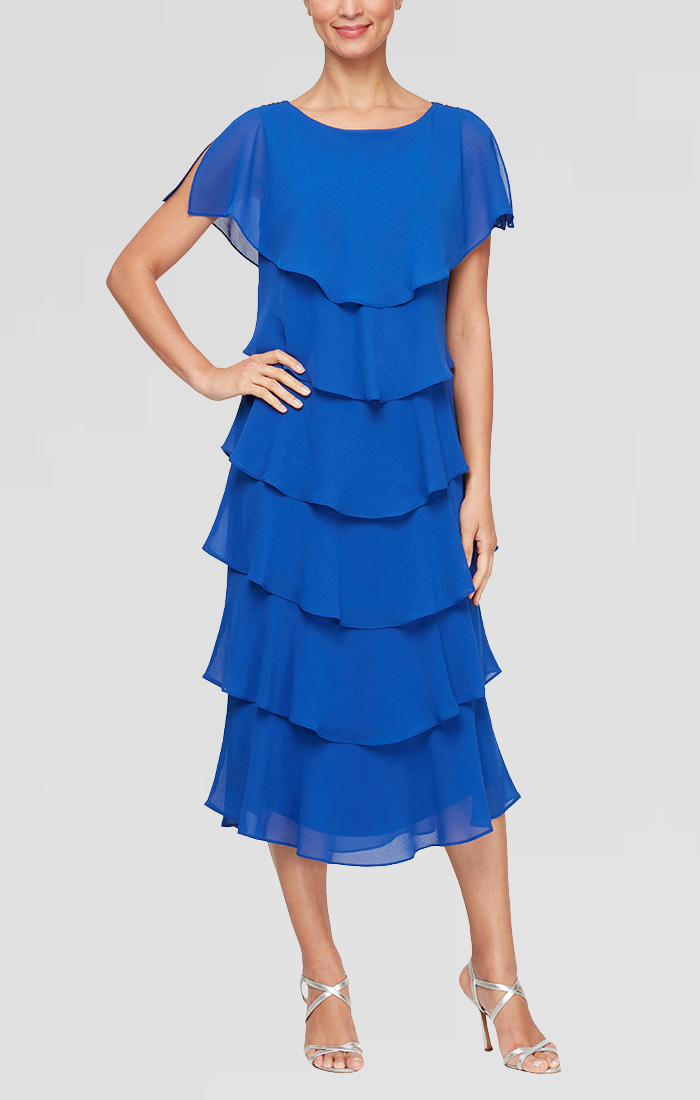 Georgette Chiffon Tea-Length Dress with Caplet Sleeves and Beaded Trim on Shoulders