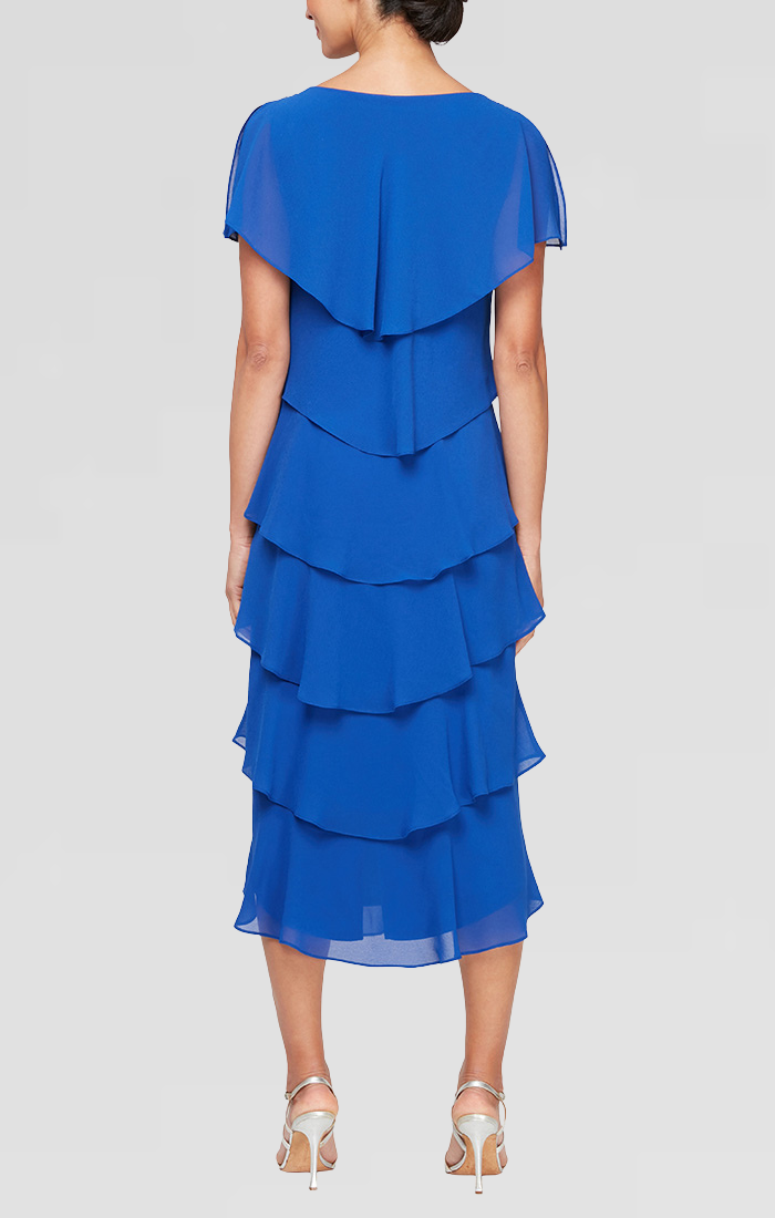 Georgette Chiffon Tea-Length Dress with Caplet Sleeves and Beaded Trim on Shoulders