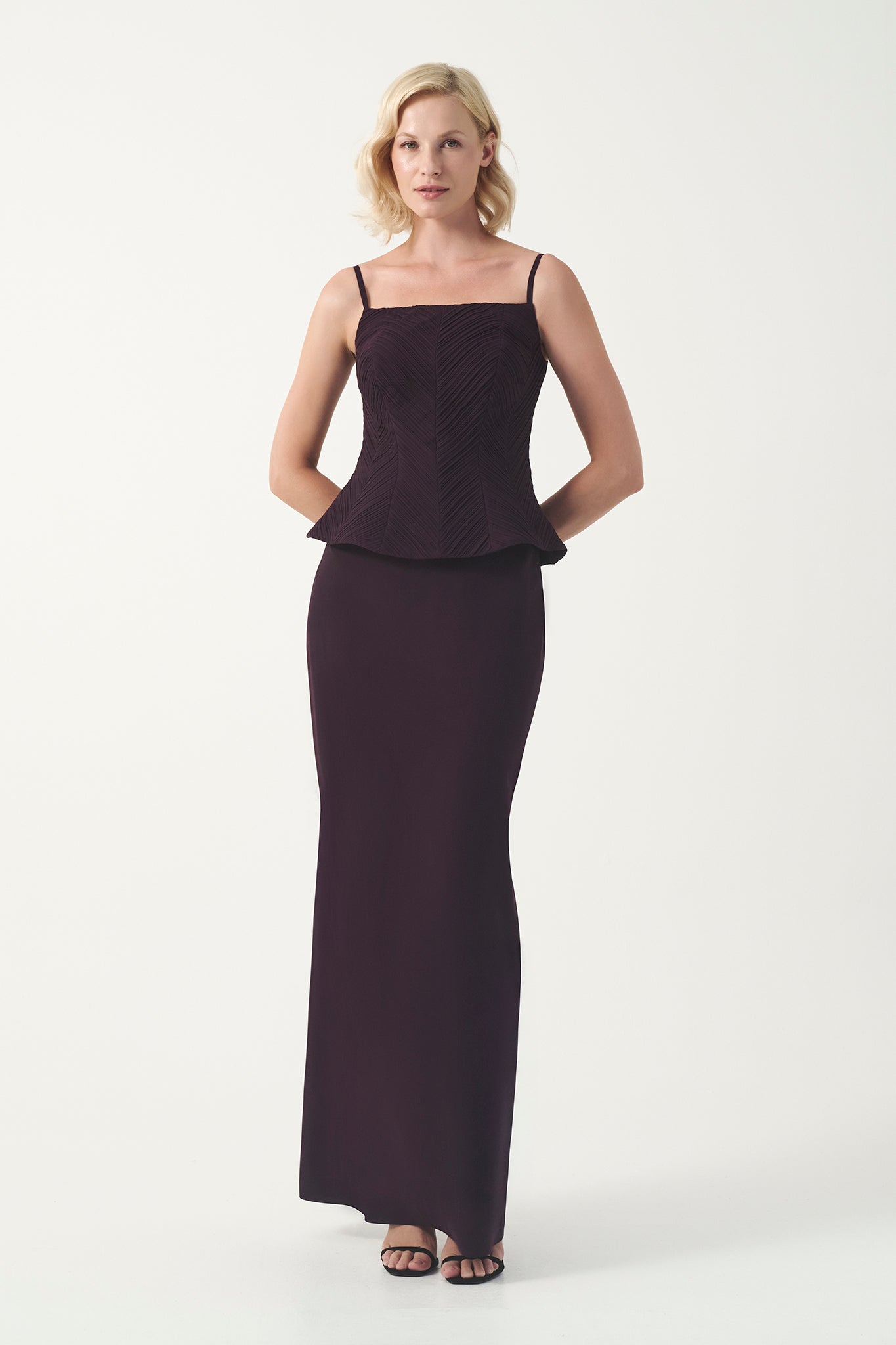 spaghetti strap pleated long chiffon dress