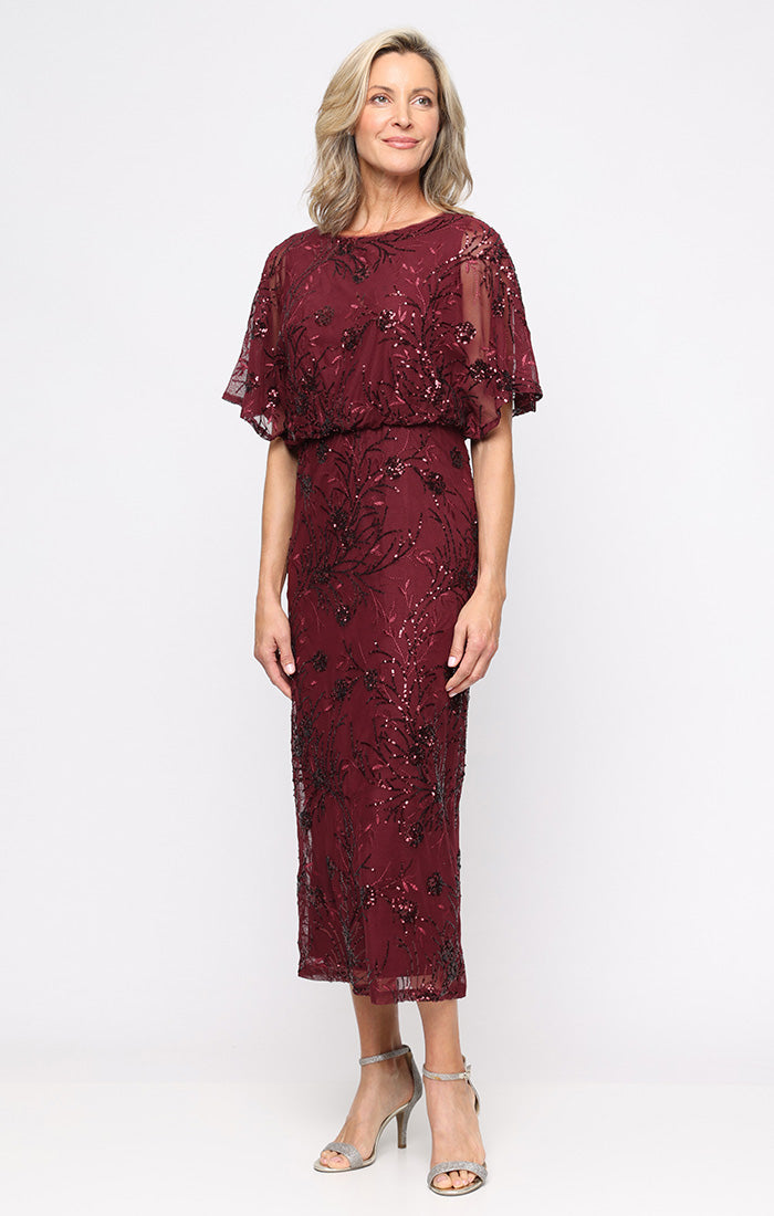 Tea Length Mesh Sequin Blouson Dress