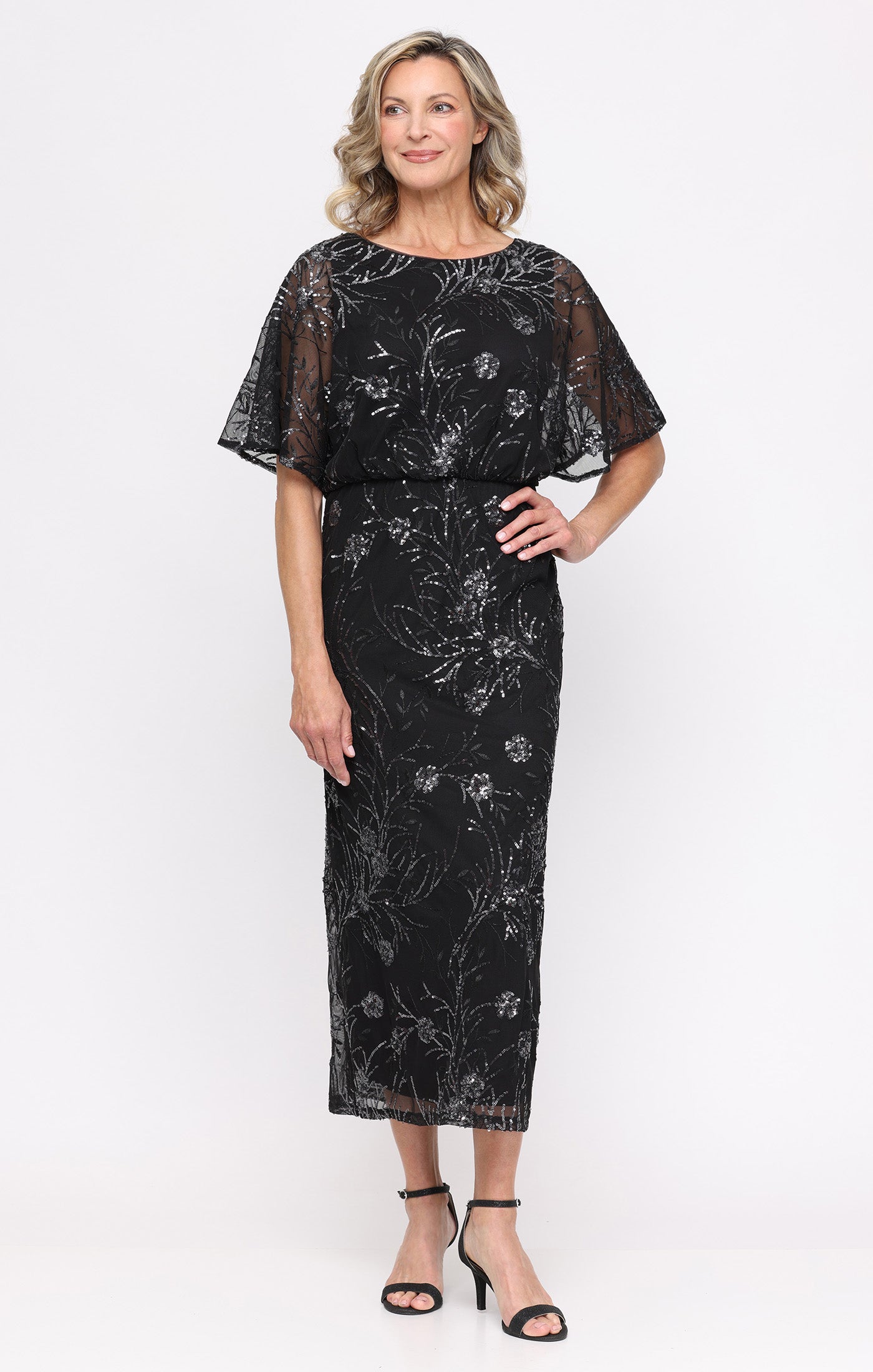 Tea Length Mesh Sequin Blouson Dress